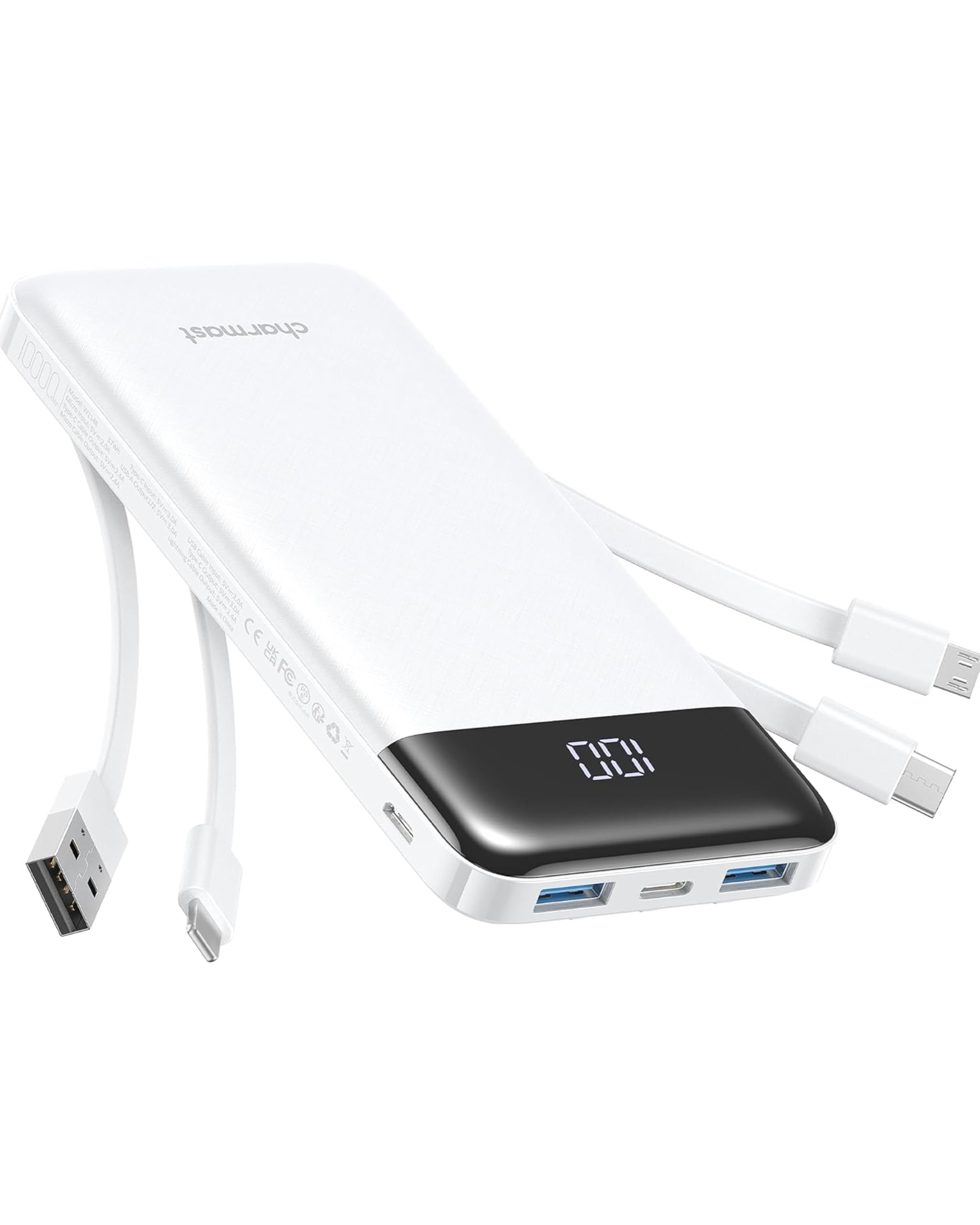 charmast Portable Charger with Reinforced Built-in 4 Cables,10000mAh Power Bank Travel Essentials 6 Outputs 3 Inputs 3A Fast Charging Compatible with iPhone iPad Samsung Google Pixel LG Moto etc.