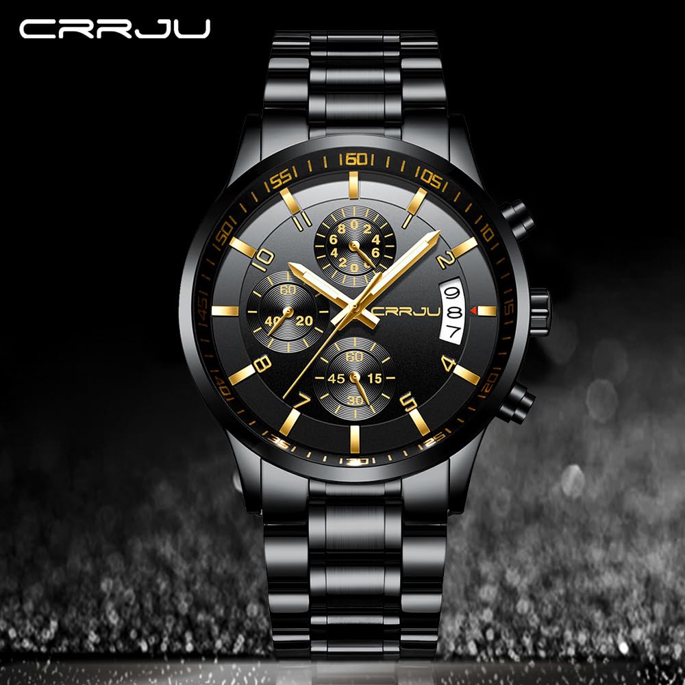 CRRJU Watches for Men,Fashion Luxury Casual Stainless Steel Japan Movement Waterproof Business Quartz Wristwatches,Man Black Golden Watch