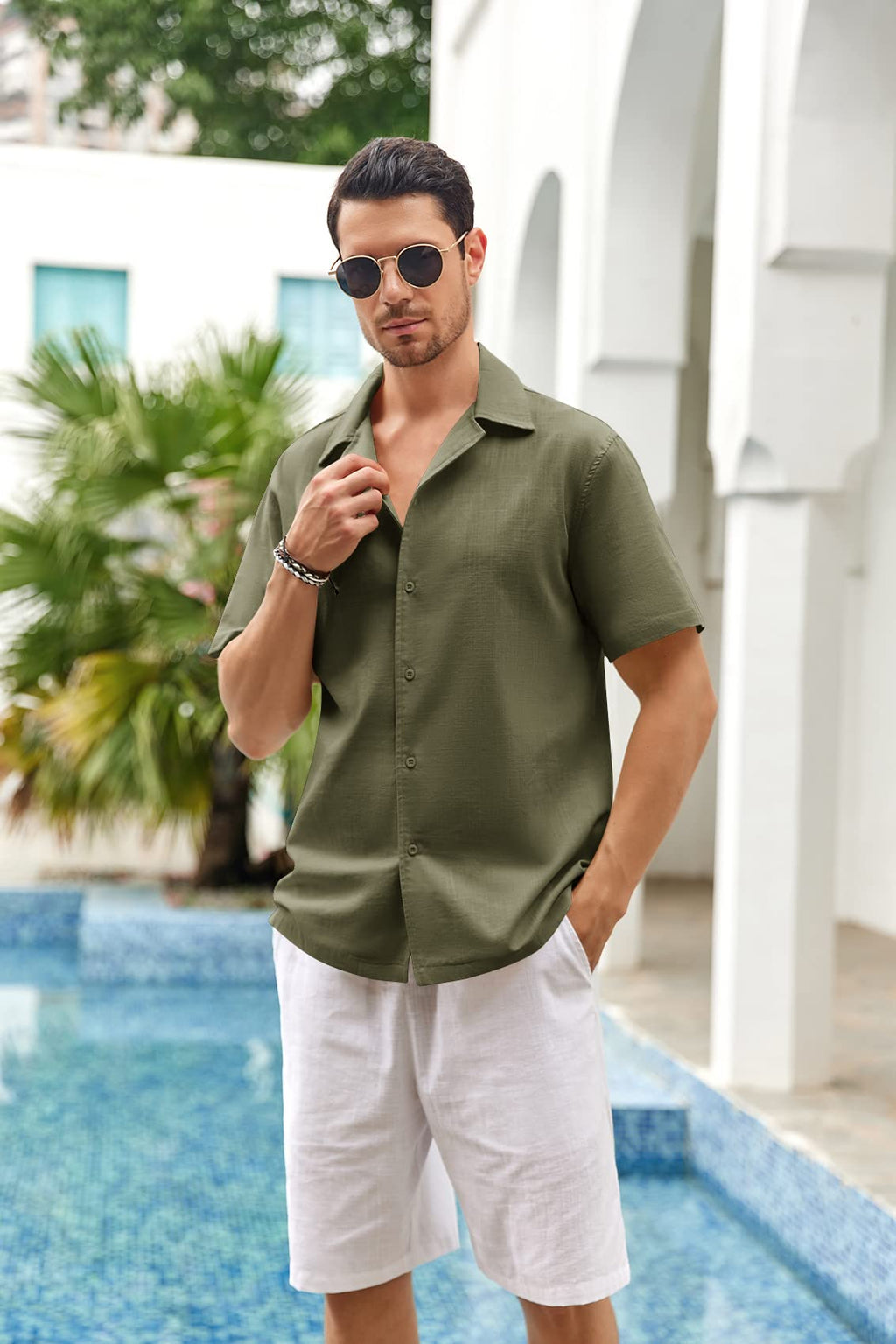 Mens Linen Button Down Shirts Short Sleeve Basic Cuban Regular Fit Wedding Summer Beach Tops Army Green
