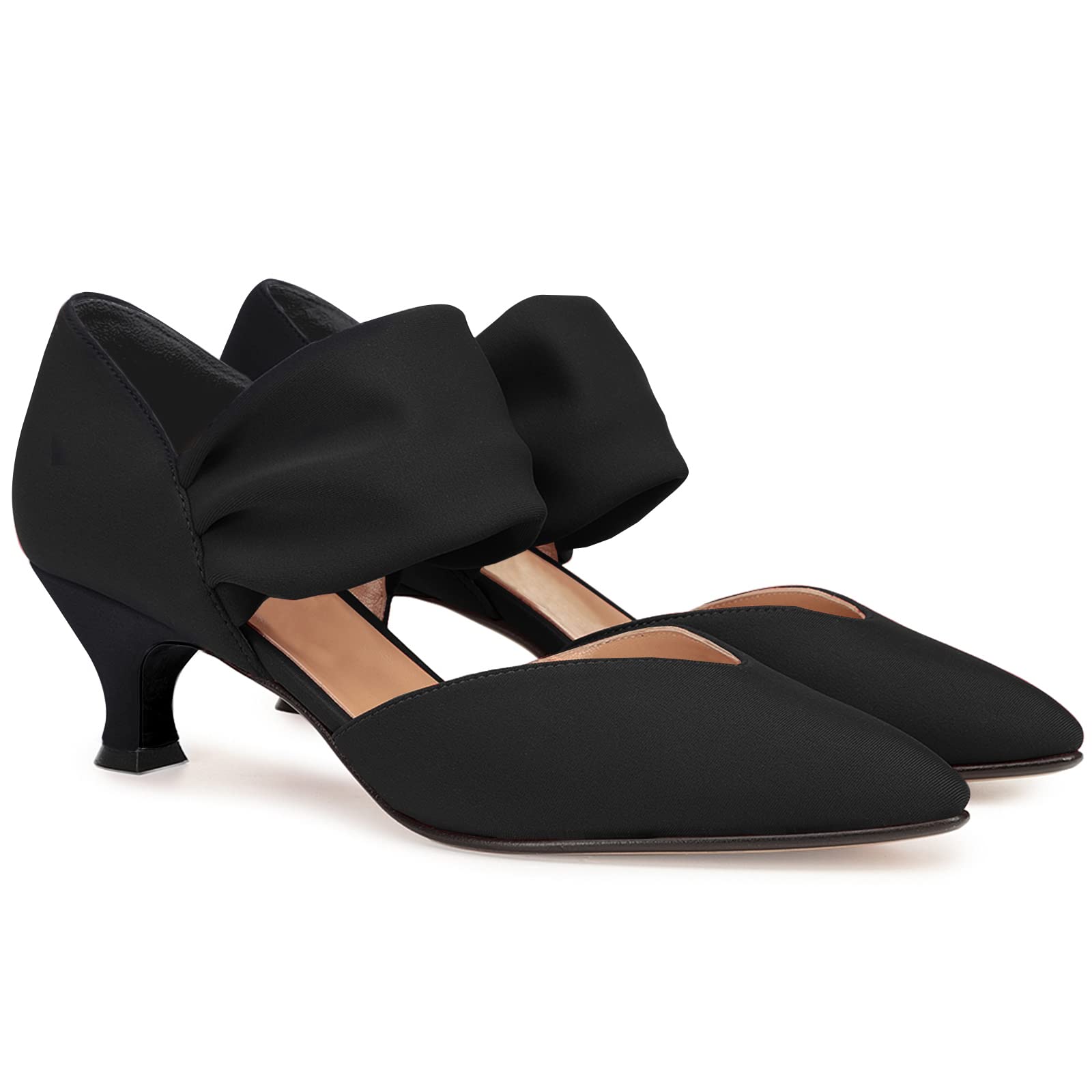 Coutgo Womens Low Kitten Heel Dress Shoes Pointed Toe Slip on Ankle Strap Cutout Elegant Party Wedding Pumps, Black, Size 8