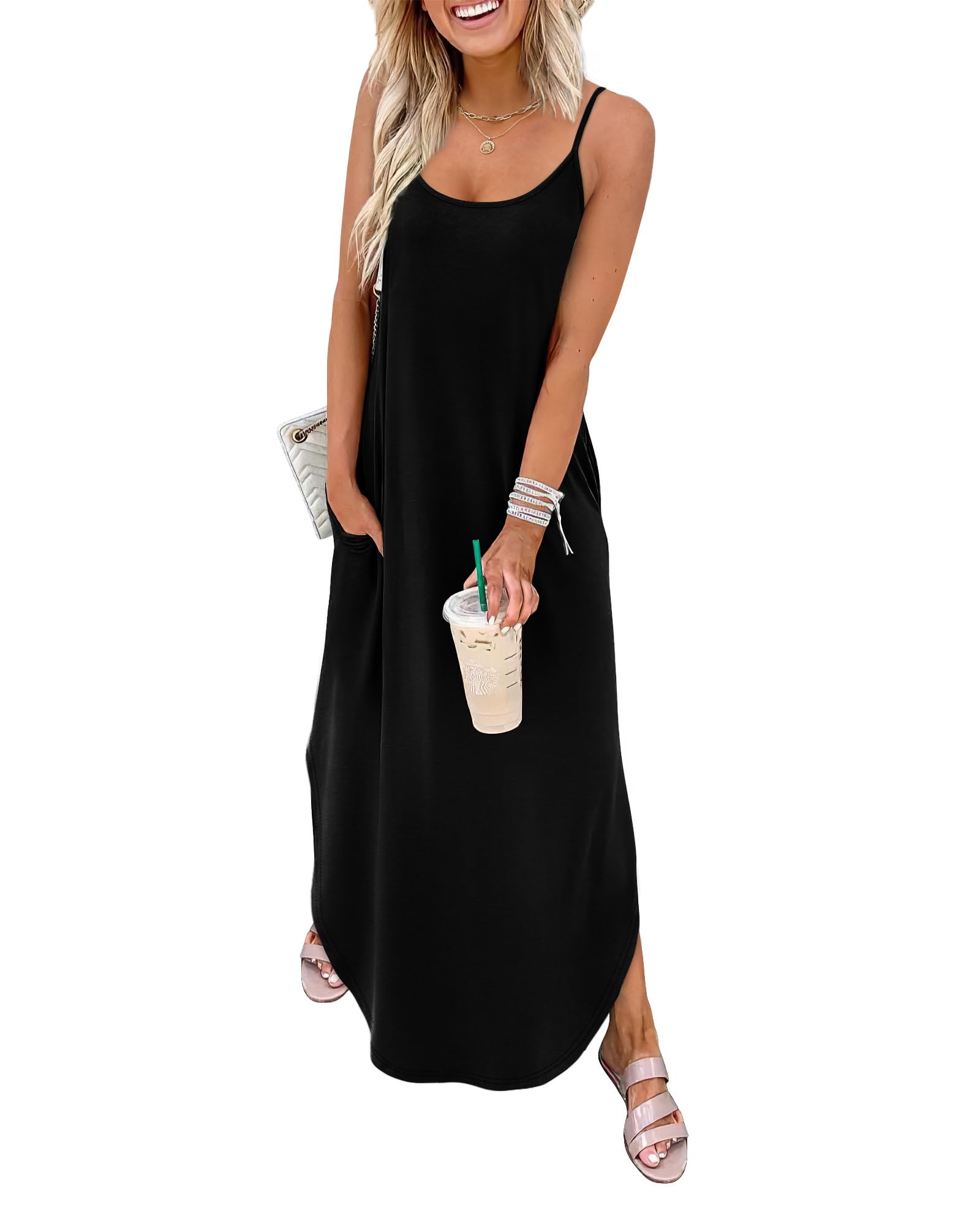 WIHOLL Black Dresses for Women Flowy Casual Maxi Spring Dress 2026 Sundresses Beach Swimsuit Midi Dresses M
