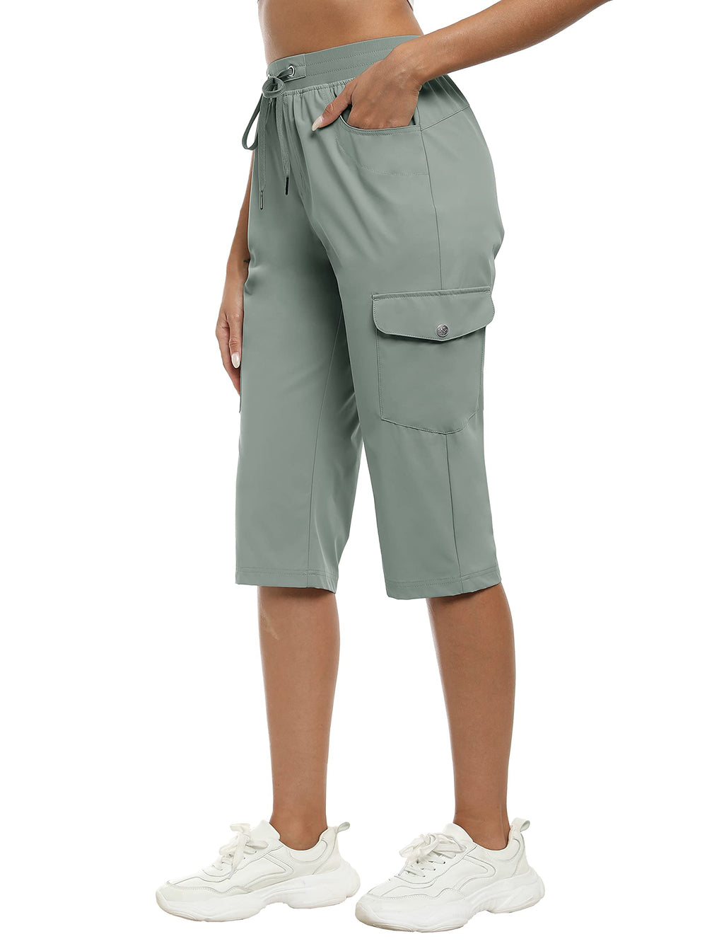 MoFiz Capri Pants for Women Capri Cargo Pants for Women Quick Dry Lightweight Outdoor Casual Gray Green XXX-Large