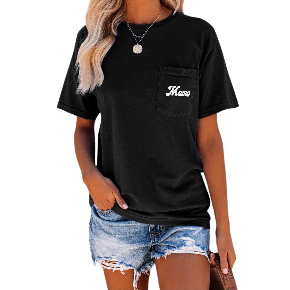 NIUBIA Women's Letter Print Basic Crew Neck Tee Summer Short Sleeve T-Shirt with Pockets Loose Fitting Tops