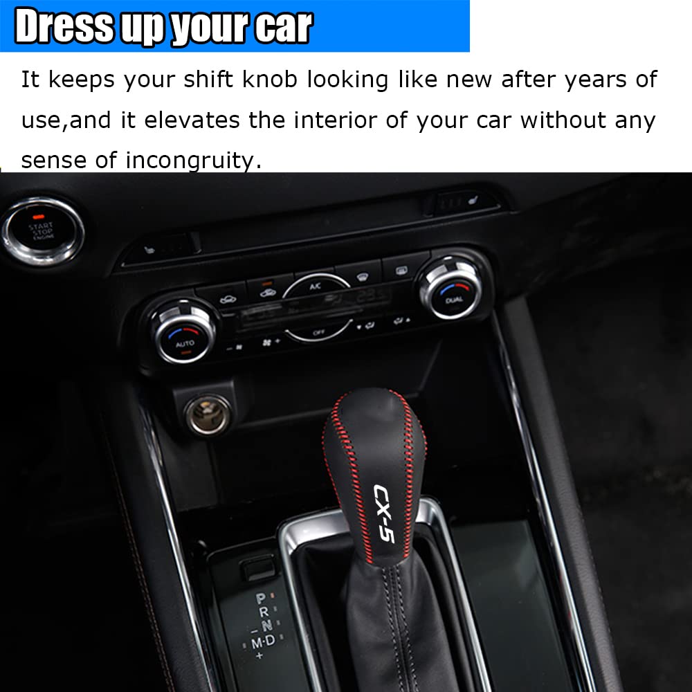 Kakash Custom Interior Accessories for Mazda CX-5 2017 2018 2019 2020 2021 2022 Leather Automatic Gear Shift Knob Cover,Transimission Boots Shift Lever Leather Sheath(Red Stitches)