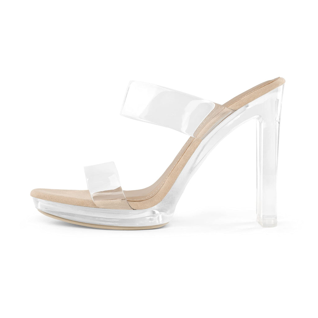 DREAM PAIRS Women's Clear Two Strap Open Toe High Block Chunky Slip on Dress Heel Sandals,Size 7,Nude/Clear,DHS217