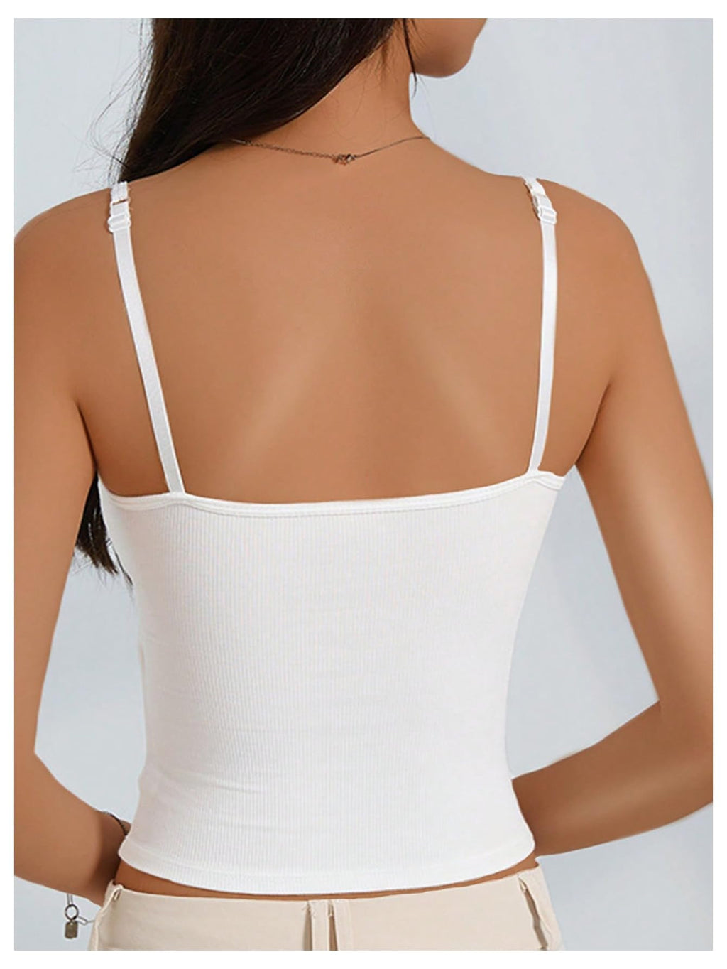 WDIRARA Women's 3 Pack Cami Crop Top Built in Bra Spaghetti Strap Tank Camisole Tops Black White Grey Large