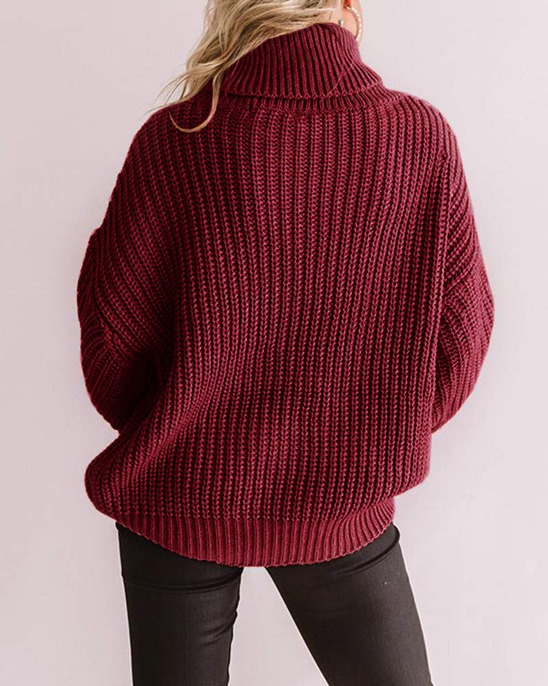 Womens Chunky Turtleneck Sweaters Plus Size Long Sleeve Cable Knit Casual Loose Jumper Tops Burgundy