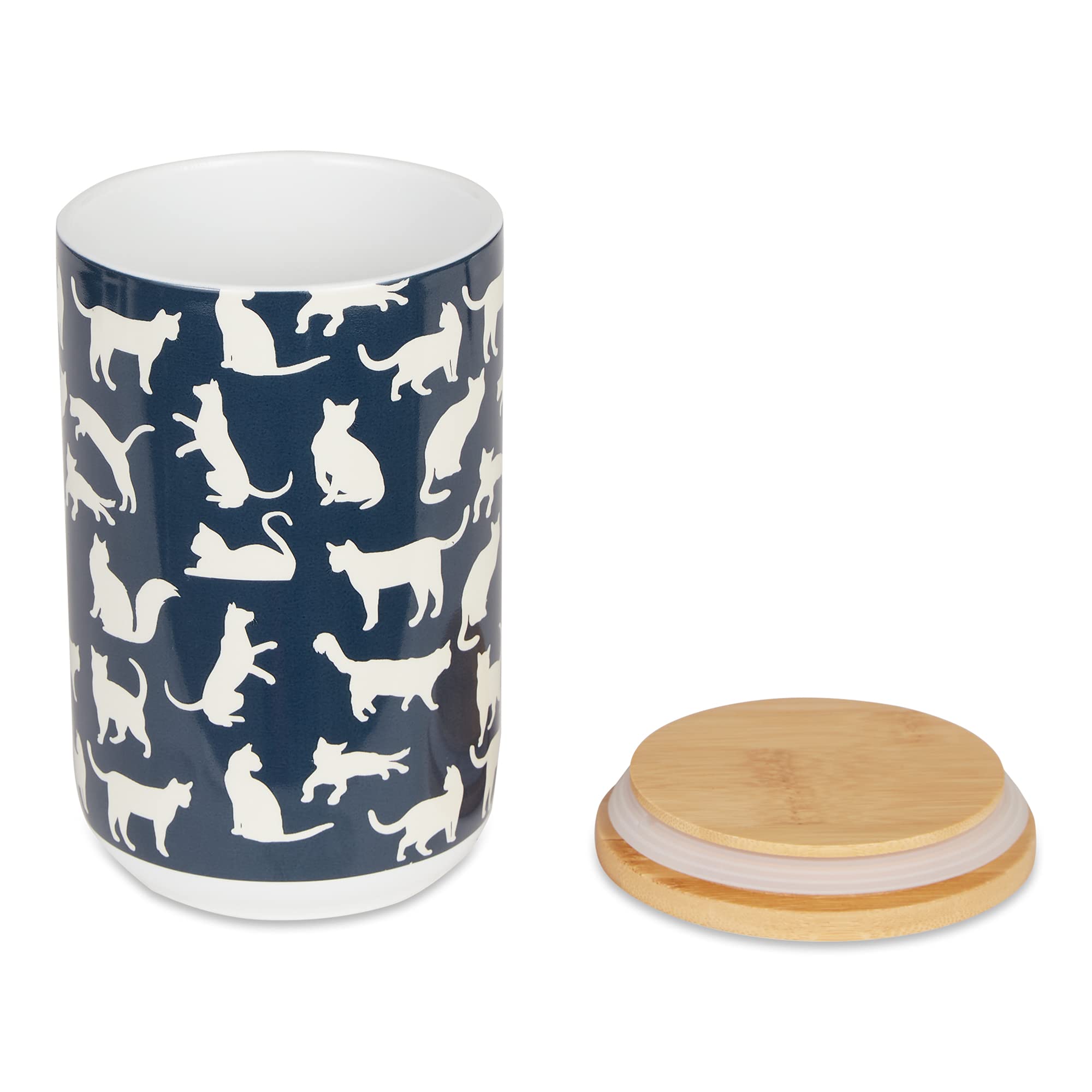Bone Dry Ceramic Treat Jar for Cats and Dogs, Bamboo Lid, Dishwasher Safe Canister, 4x6.5", Navy, Cat Treats
