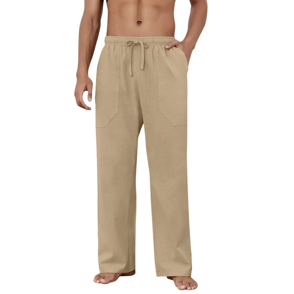 Puimentiua Cotton Linen Pants Men Casual Loose Fit Elastic Drawstring Waist Summer Beach Pants(Coffee,L)