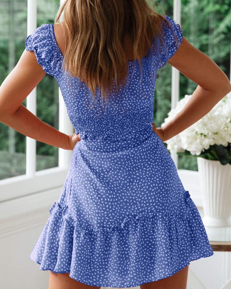 YOBECHO Womens Summer Ruffle Sleeve Sweetheart Neckline Printing Dress Mini Dress Blue