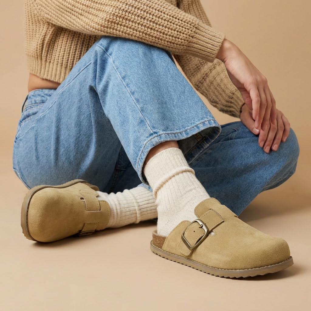 CUSHIONAIRE Blain Genuine Suede Clogs for Women | Slip-On Mules with Memory Foam & Oversized Buckle | Non-Slip Comfort Clogs & Mules Shoes for Women, Sand 10W