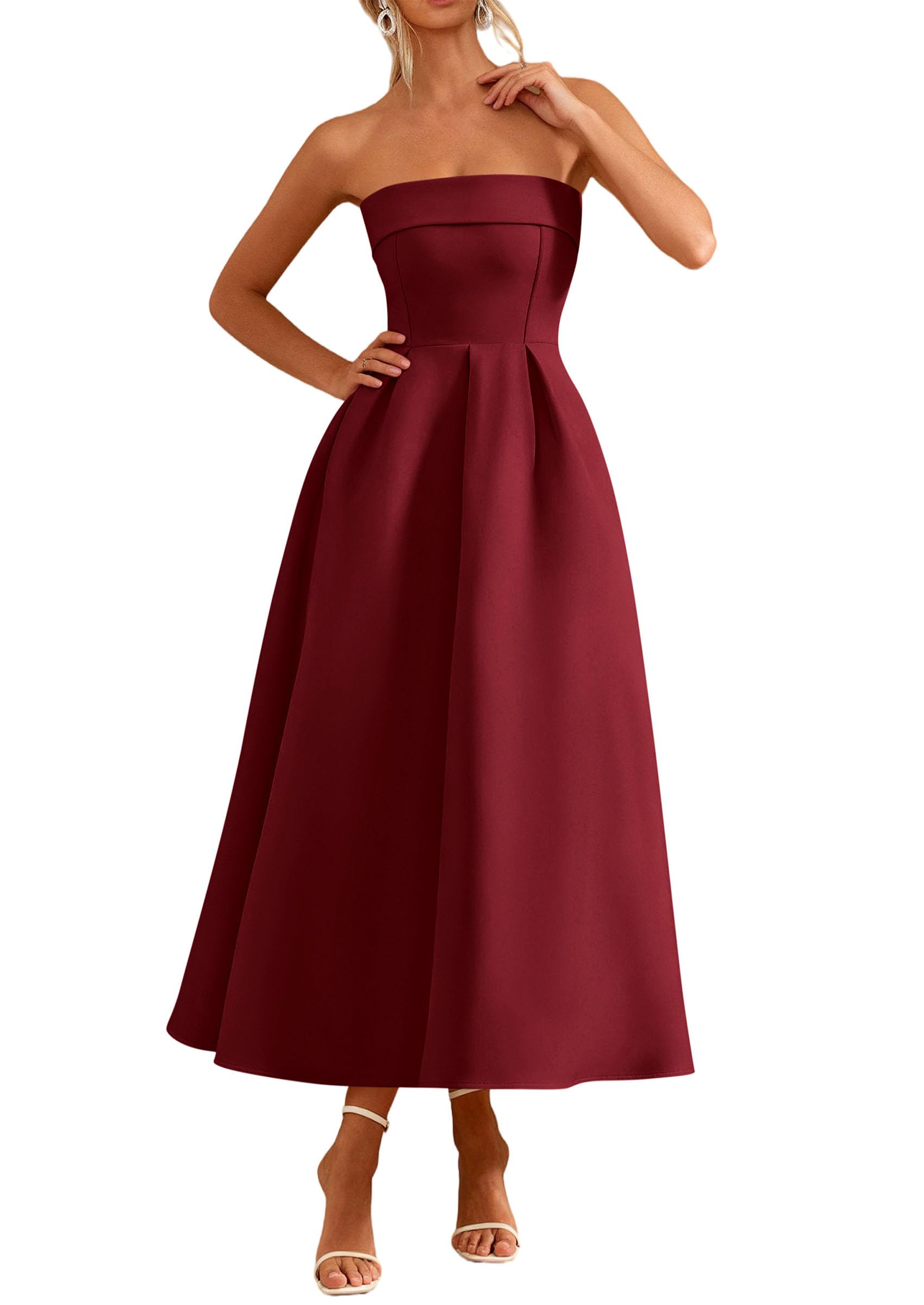 PRETTYGARDEN Cocktail Dresses for Women 2026 Summer Formal Elegant Tube Top Strapless Spring Wedding Guest Party Midi Dress(Burgundy,Medium)