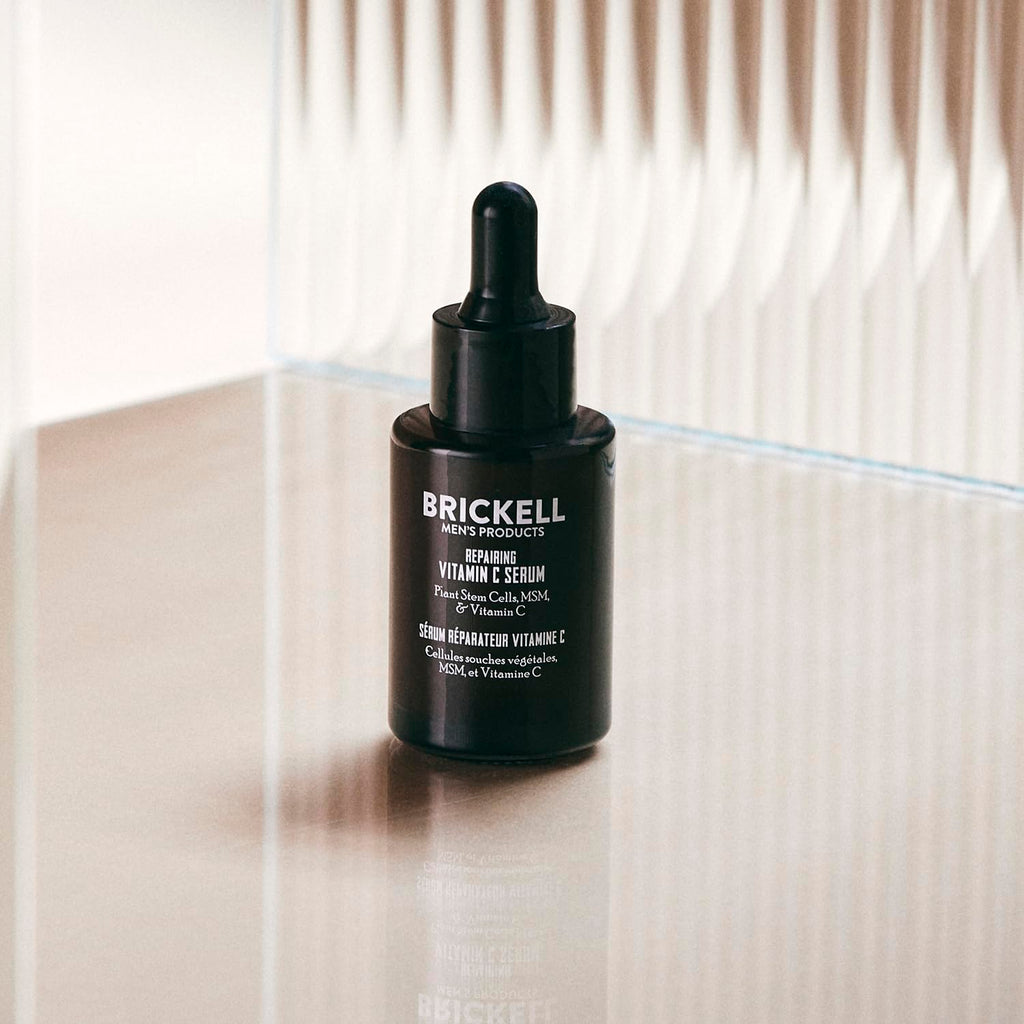 Brickell Men's Anti Aging Vitamin C Serum For Face, Repairing Night Facial Serum for Men, Natural and Organic Hyaluronic Acid Serum For Face to Diminish Wrinkles and Reduce Redness, 1 Ounce, Scented