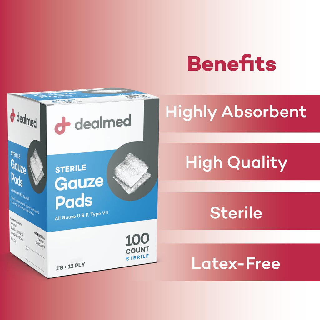 Dealmed 3’’ x 3’’ Sterile Gauze Pads (100 Count) Disposable and Individually Wrapped Medical Gauze Pads, Wound Care Product for First Aid Kit and Medical Facilities (Pack of 1)