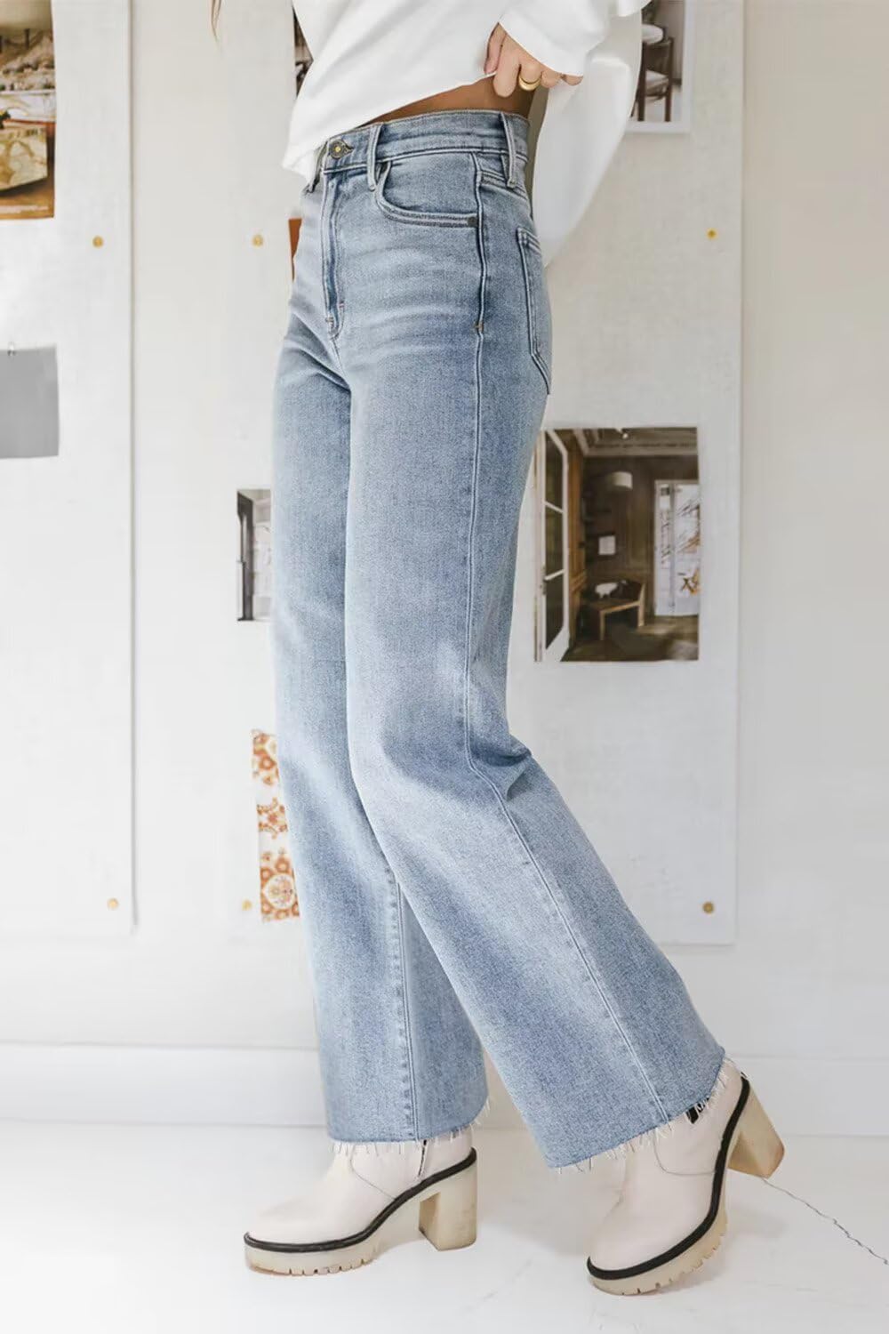 KDF Straight Leg Jeans for Women High Waisted Jeans Frayed Baggy Pants Raw Hem Loose Stretchy Cropped Wide Leg Jeans Light Blue Size 6