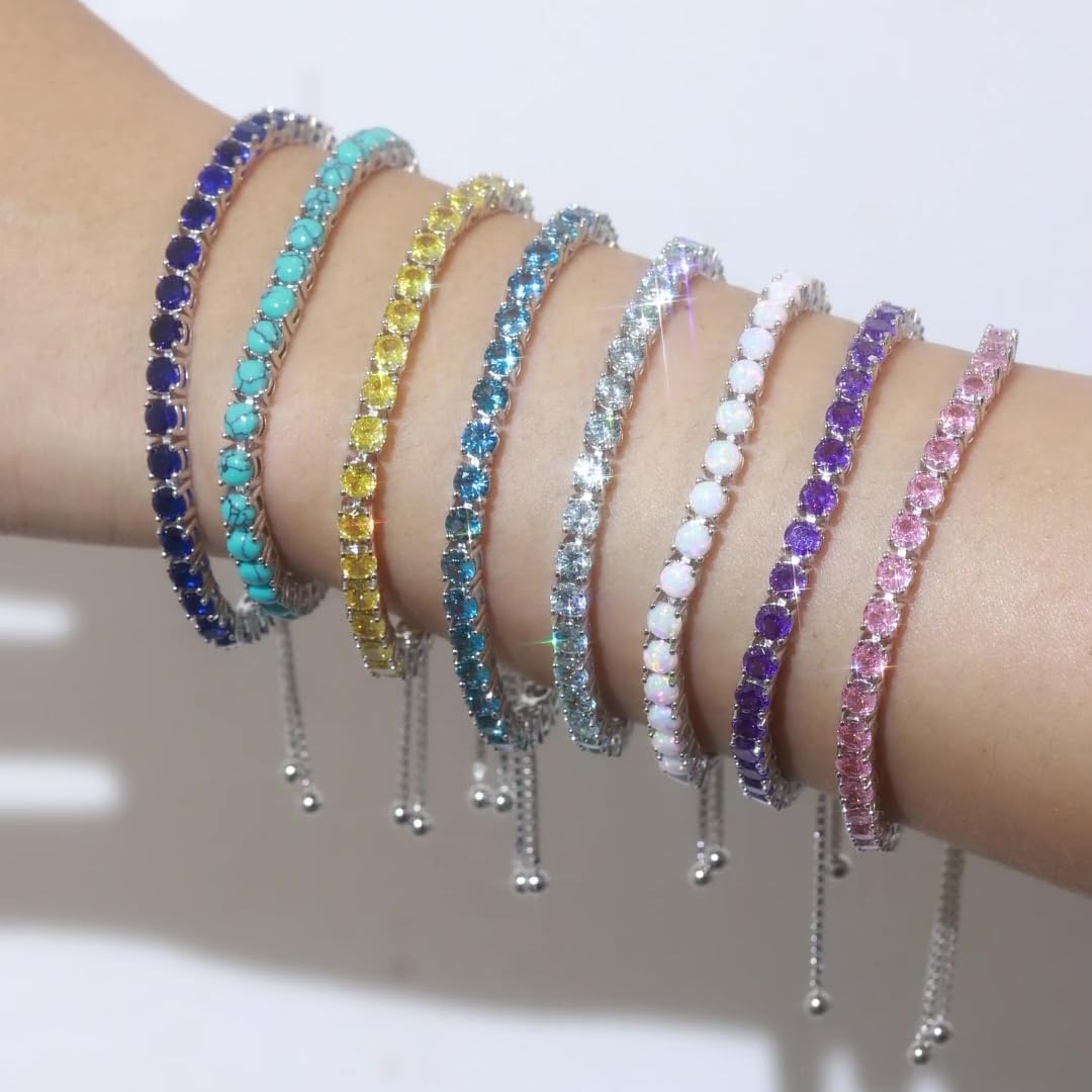 FANCIME September Birthstone Jewelry Blue Sapphire Bracelet for Women Sterling Silver 4mm Gemstone Tennis Bracelet Bolo Adjustable Chain Fine Jewelry Birthday Gifts for Women Mom Wife Her