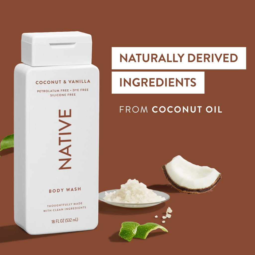 Native Shower Gel & Body Wash for Women & Men - Free of Sulphates & Dyes - Coconut & Vanilla Scent Body Soap - Gently Cleanses with Plant-Based ingredients (532ml)