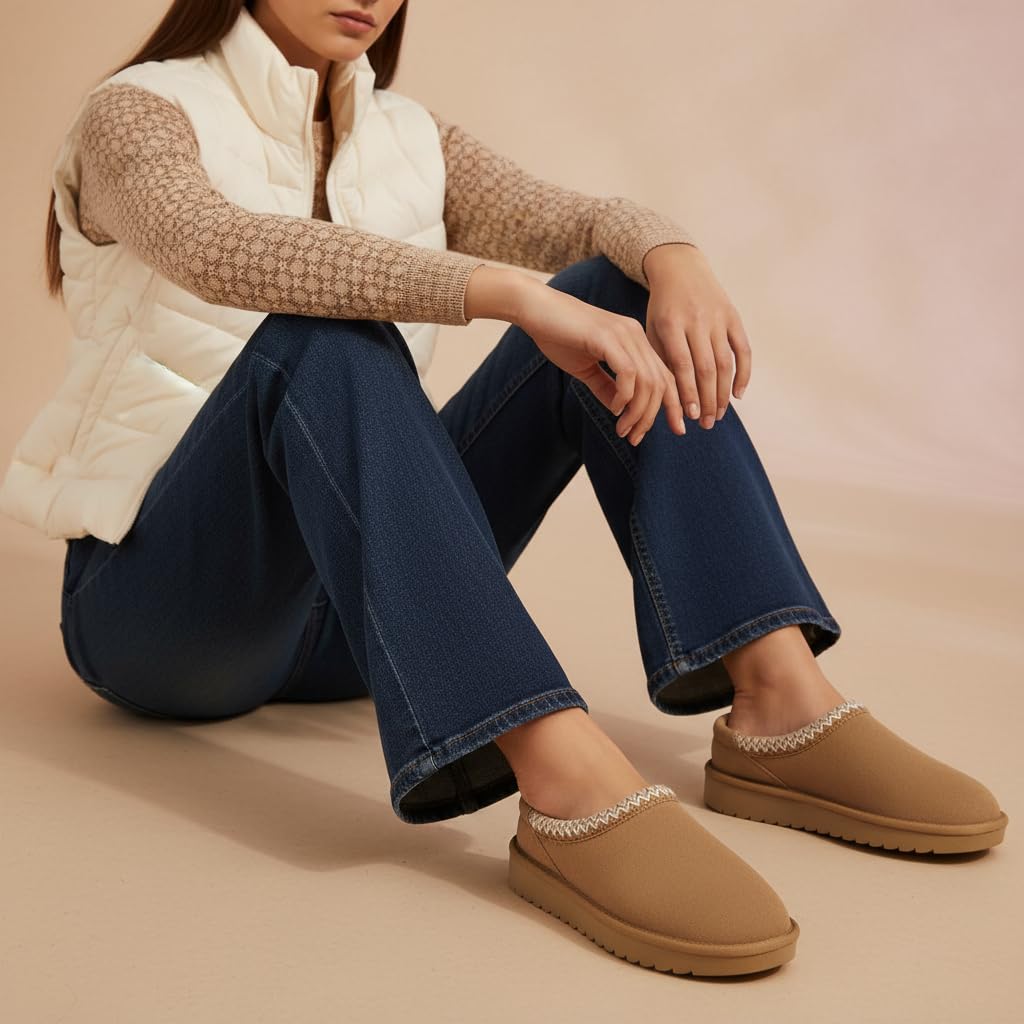 CUSHIONAIRE Keto Womens Slippers- Genuine Suede Cozy & Stylish, Memory Foam & Faux Shearling Winter Slippers for Women BISCUIT 7.5