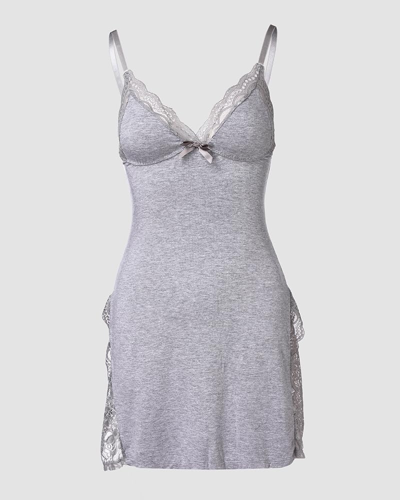 CHICME Women's Lace Trim Side Slit Modal Cami Sleep Dress Loungewear Cute Night Gowns for Women Gray-M