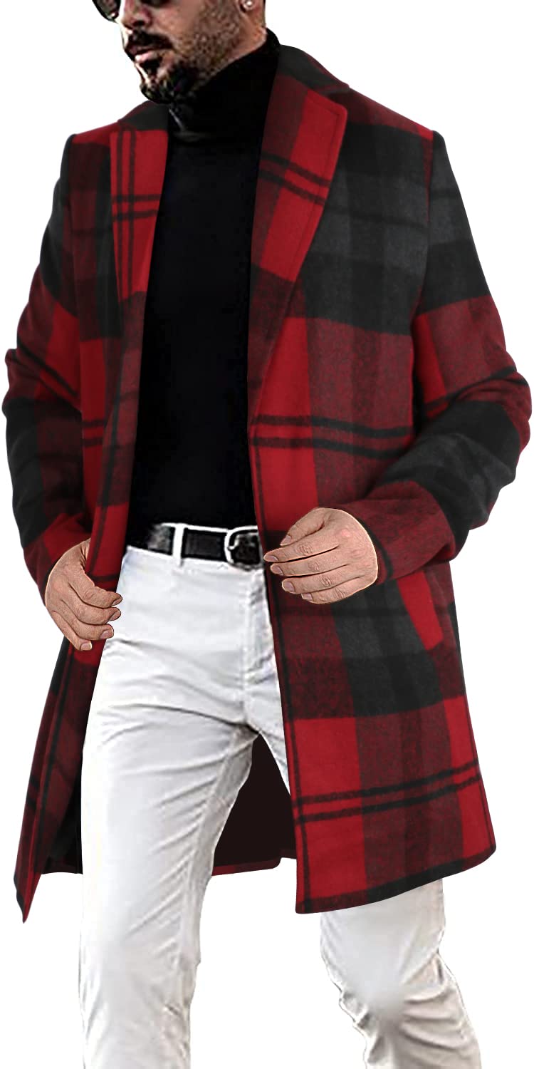 chouyatou Men's Casual Notched Collar Plaid Single Breasted Wool Blend Formal Trench Top Coat (Wine Red-Plaid, Large)