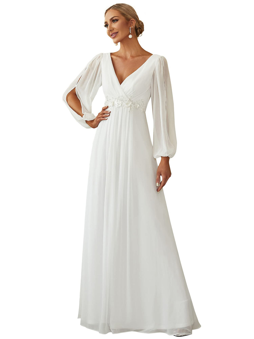 Ever-Pretty Women's V Neck Long Lantern Sleeves Floor Length Ruched Chiffon A-Line Formal Evening Dress Cream US10