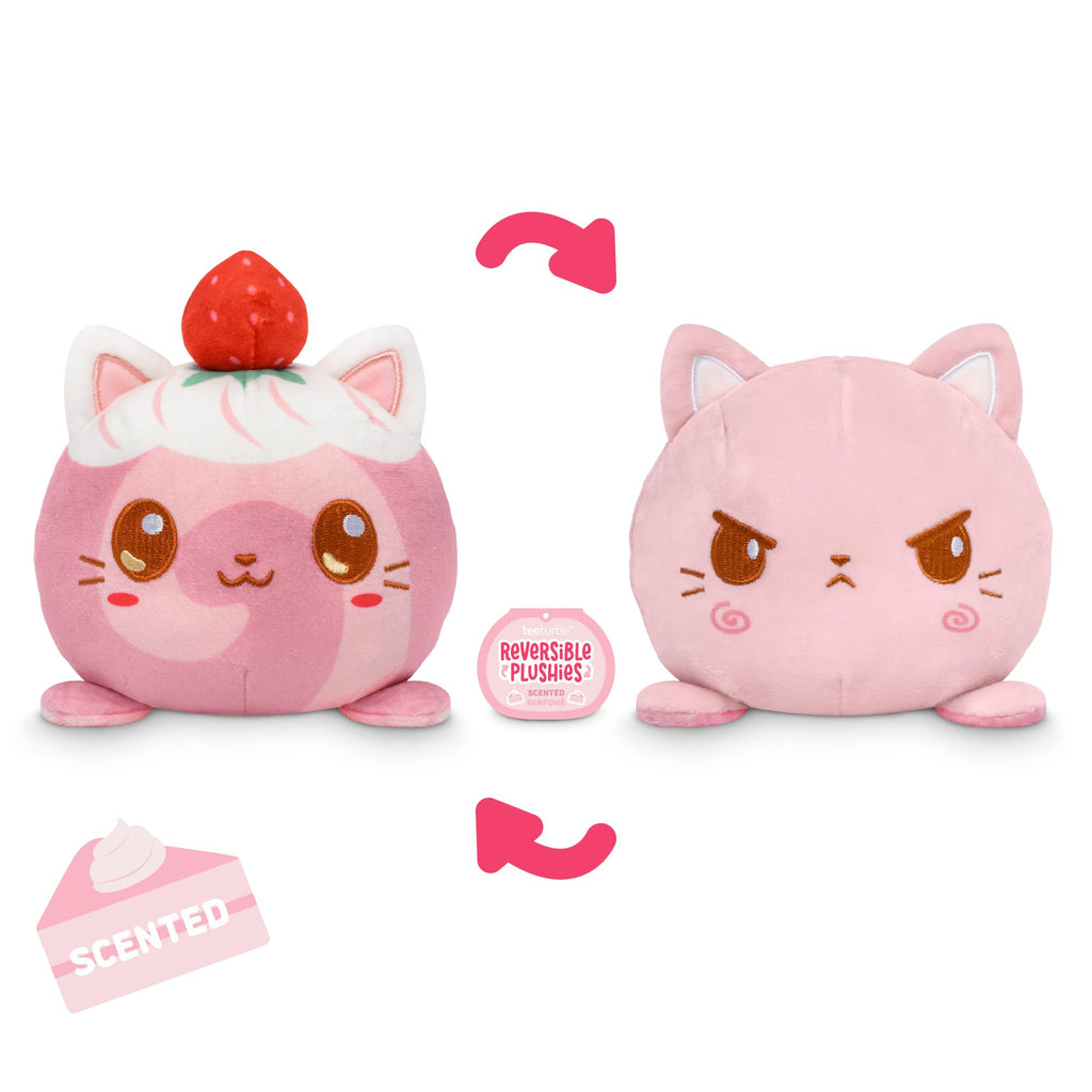 TeeTurtle Reversible Strawberry Cake Scented Cat Plushie - 4-Inch Two-Sided Flip Plush Toy with Embroidered Details - Cute Mini Collectible Plush for Kids, Teens, and Adults