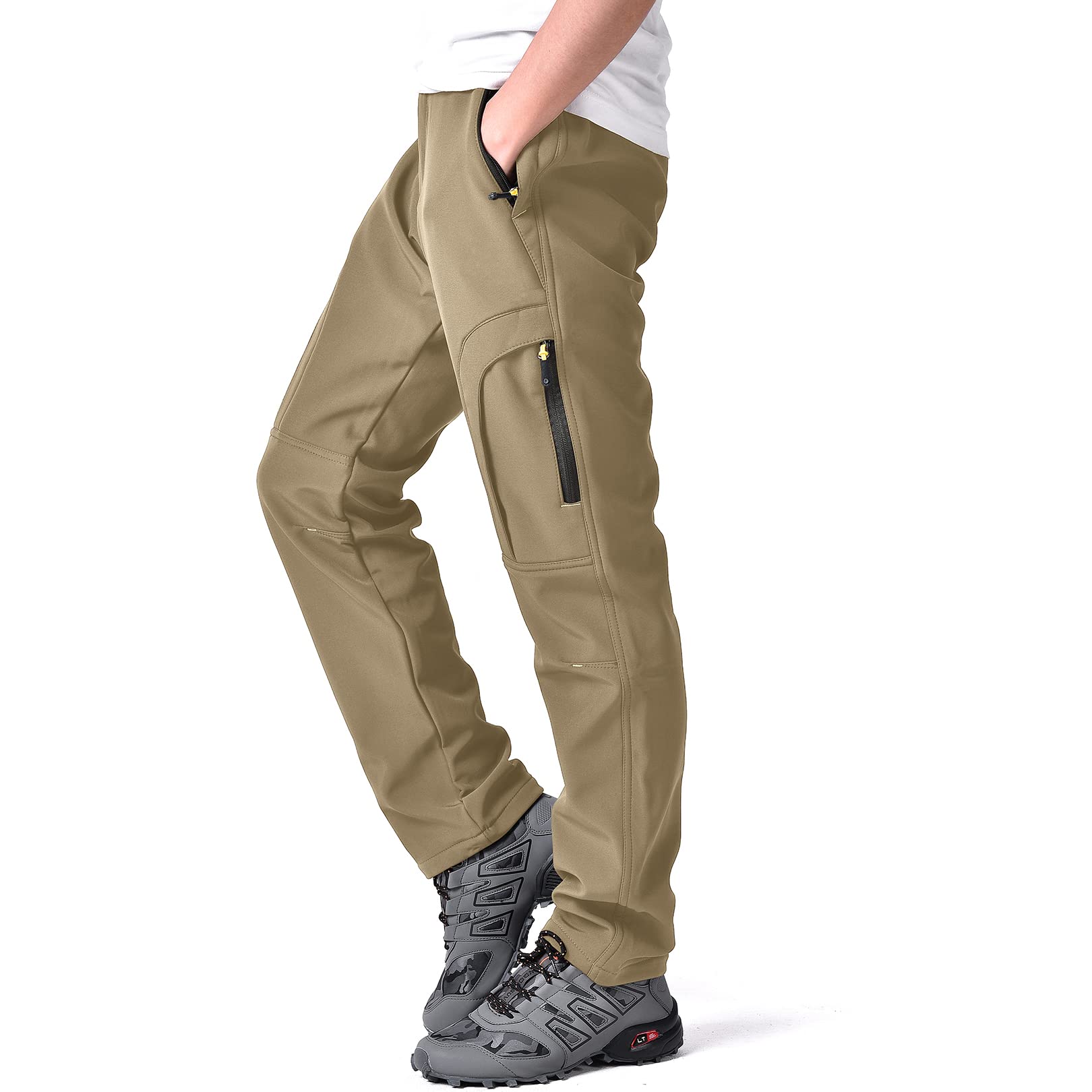 Toomett Men's Snow Pants Skiing Winter Insulated Soft Shell Outdoor Fleece Lined Hiking cargo Pants with Zipper Pockets,MH4409,Khaki,42
