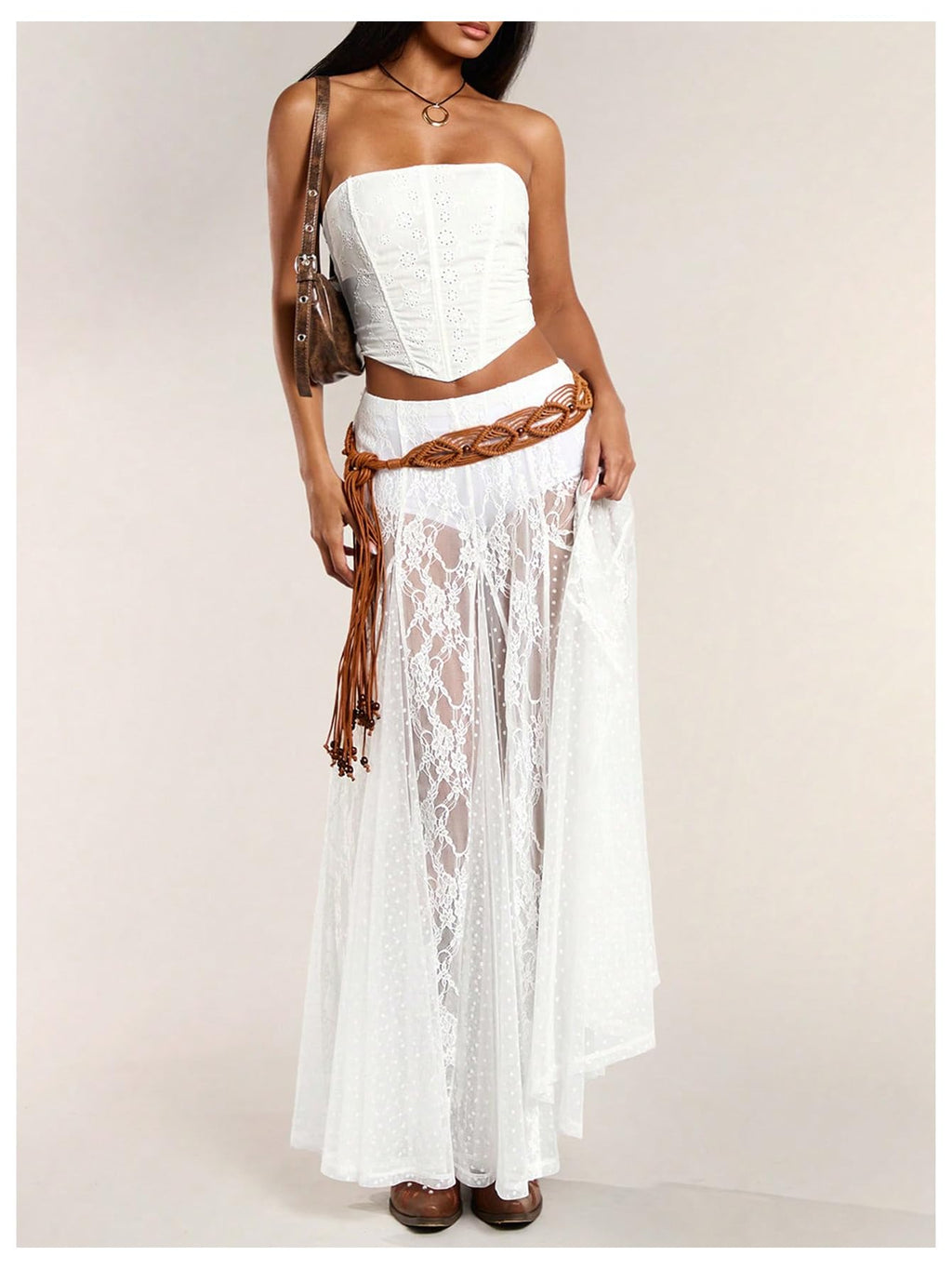 WDIRARA Women's Sexy See Through Sheer Lace Maxi Skirt Low Waist Ruffle Hem A Line Flowy Skirt White Large