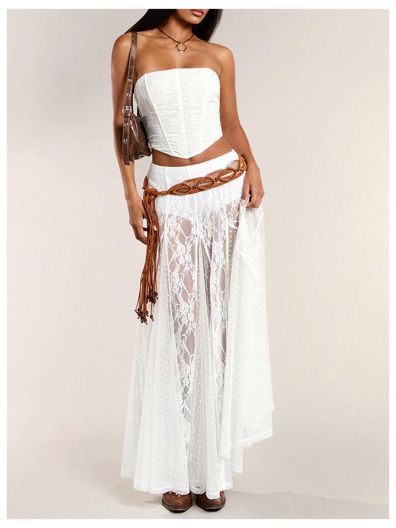 WDIRARA Women's Sexy See Through Sheer Lace Maxi Skirt Low Waist Ruffle Hem A Line Flowy Skirt White X-Large