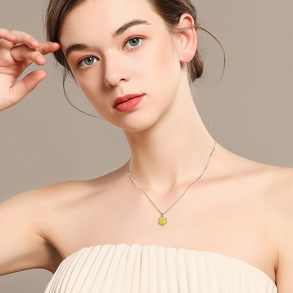 ALQDLI 925 Sterling Silver Necklaces for Women, 2Ct Round Cut 8MM Yellow CZ 5A Cubic Zirconia Pendant 18"+2" Perfect Jewelry Gifts for Christmas Birthday Mothers Day