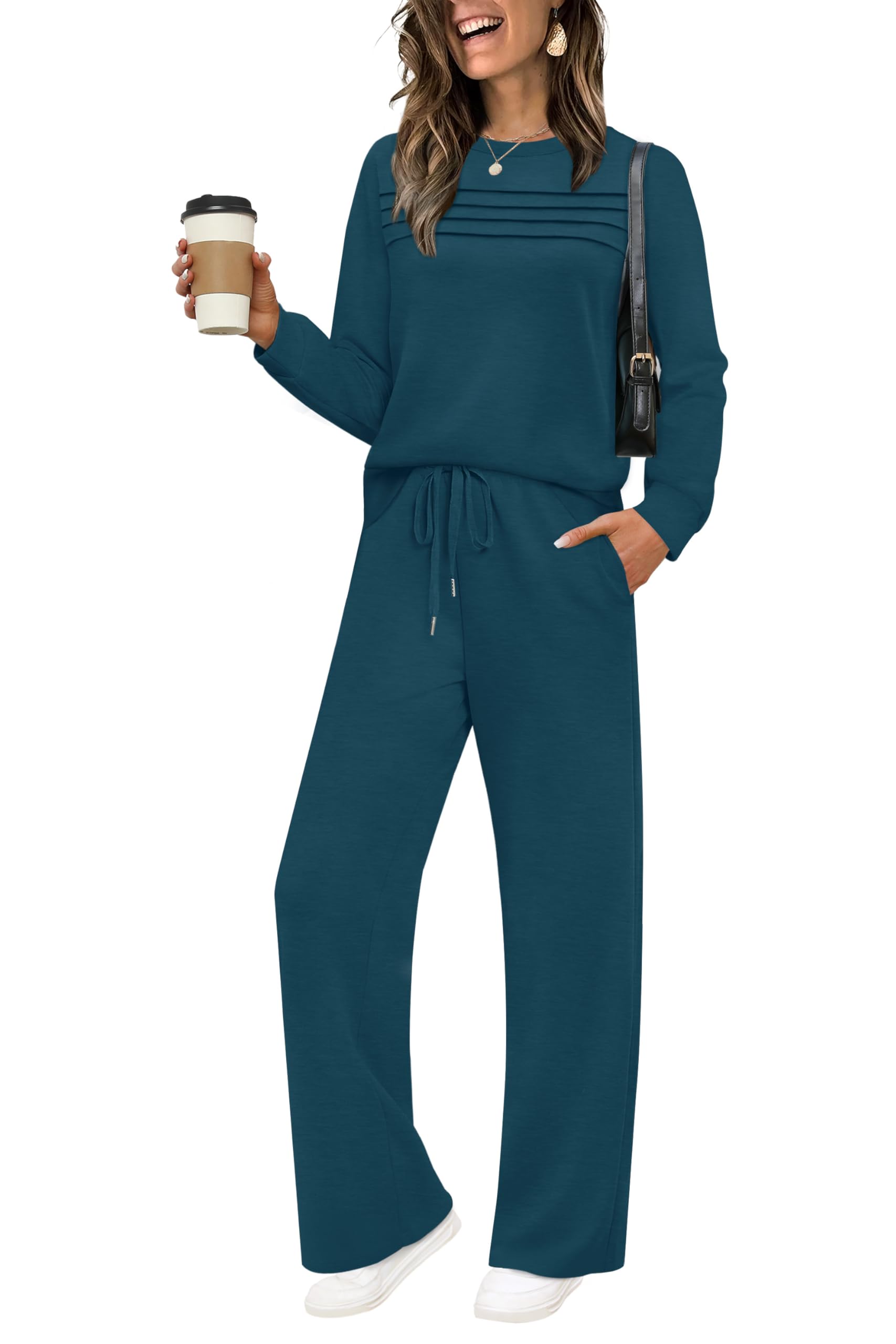 WIHOLL Women's Two Piece Sets Winter Long Sleeve Travel Outfits Trendy Lounge Tracksuit Fall Wide Leg Sweatpants Matching Sweat Set Blue M