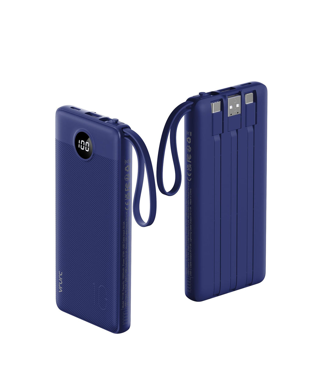 VRURC Portable Charger for iPhone, USB C Power Bank 10000mAh, Slim Travel Battery Pack Built in Cables & Lanyard, 5 Output 2 Input Portable Phone Charger for iPhone 17 16 15 14 13, Samsung-Navy