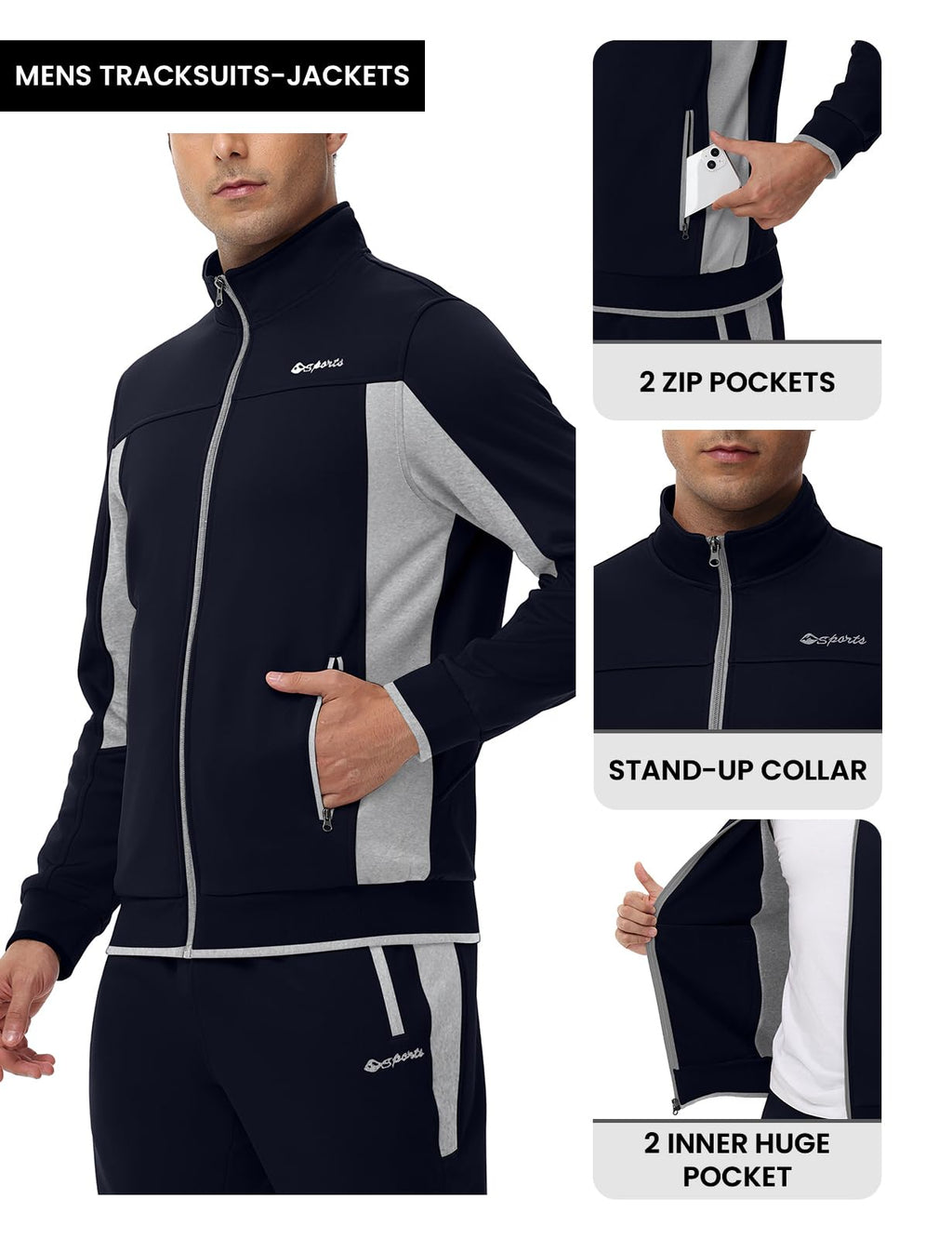 TBMPOY Men's Fleece Lined Tracksuits Sweatsuits 2 Piece Sets Winter Jogging Track Sweat Suits Thermal Casual Outfits Dark Blue/Light Grey L
