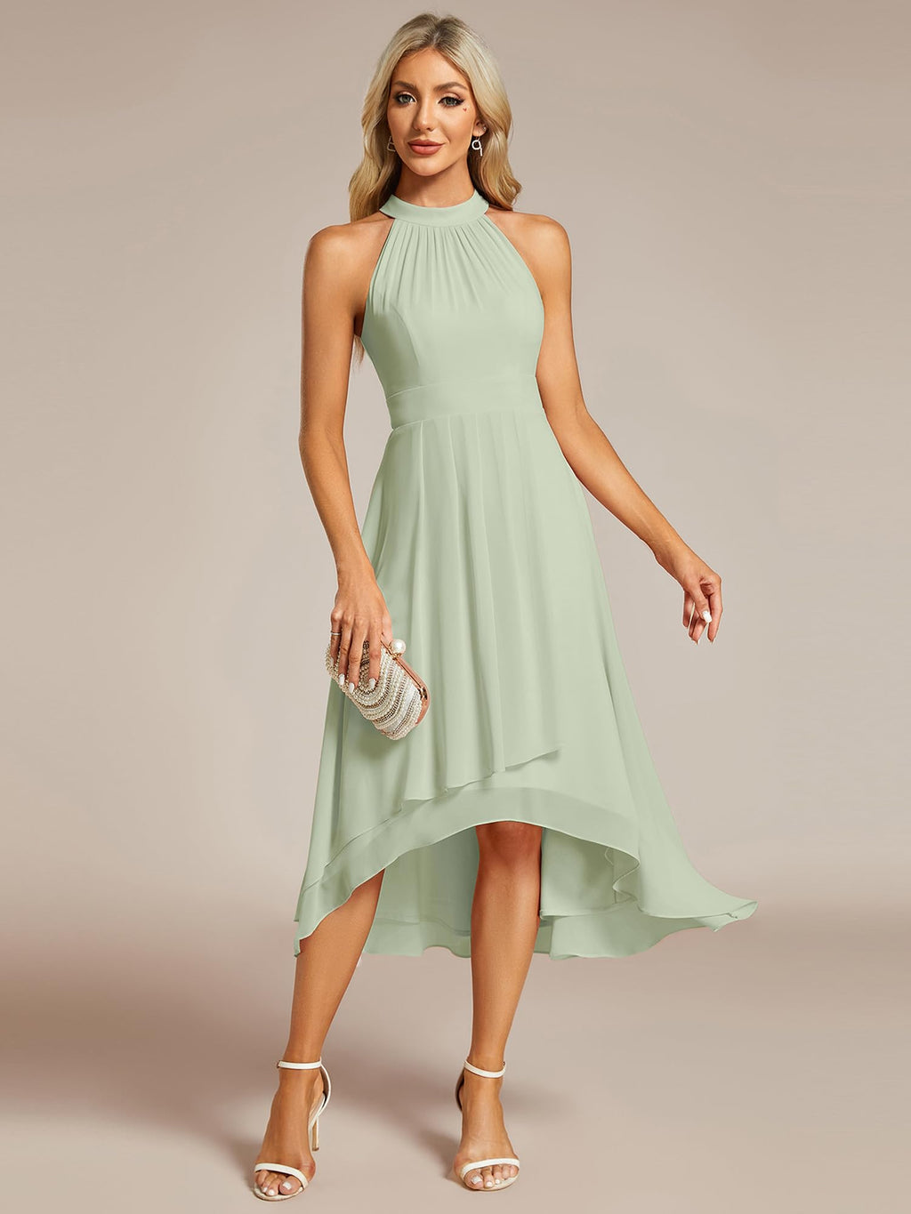 Ever-Pretty Women's Sexy Halter Neck Pleated Sleeveless Hi-Lo Chiffon Summer Wedding Guest Dress Cocktail Dresses Mint Green US16
