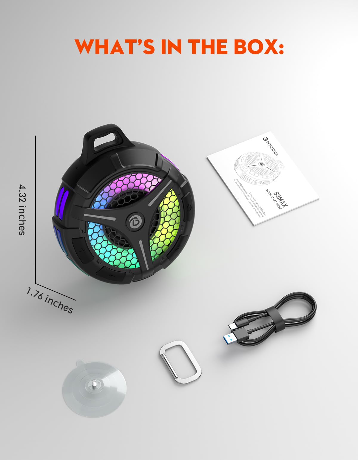 bondidea Bluetooth Shower Speaker, Suction Cup, Small Portable Wireless IPX7 Waterproof Outdoor Speakers, 15W Loud Stereo Sound Deep Bass, TWS Pairs, 6 Mode RGB Lights, All Ages Gift for Christmas