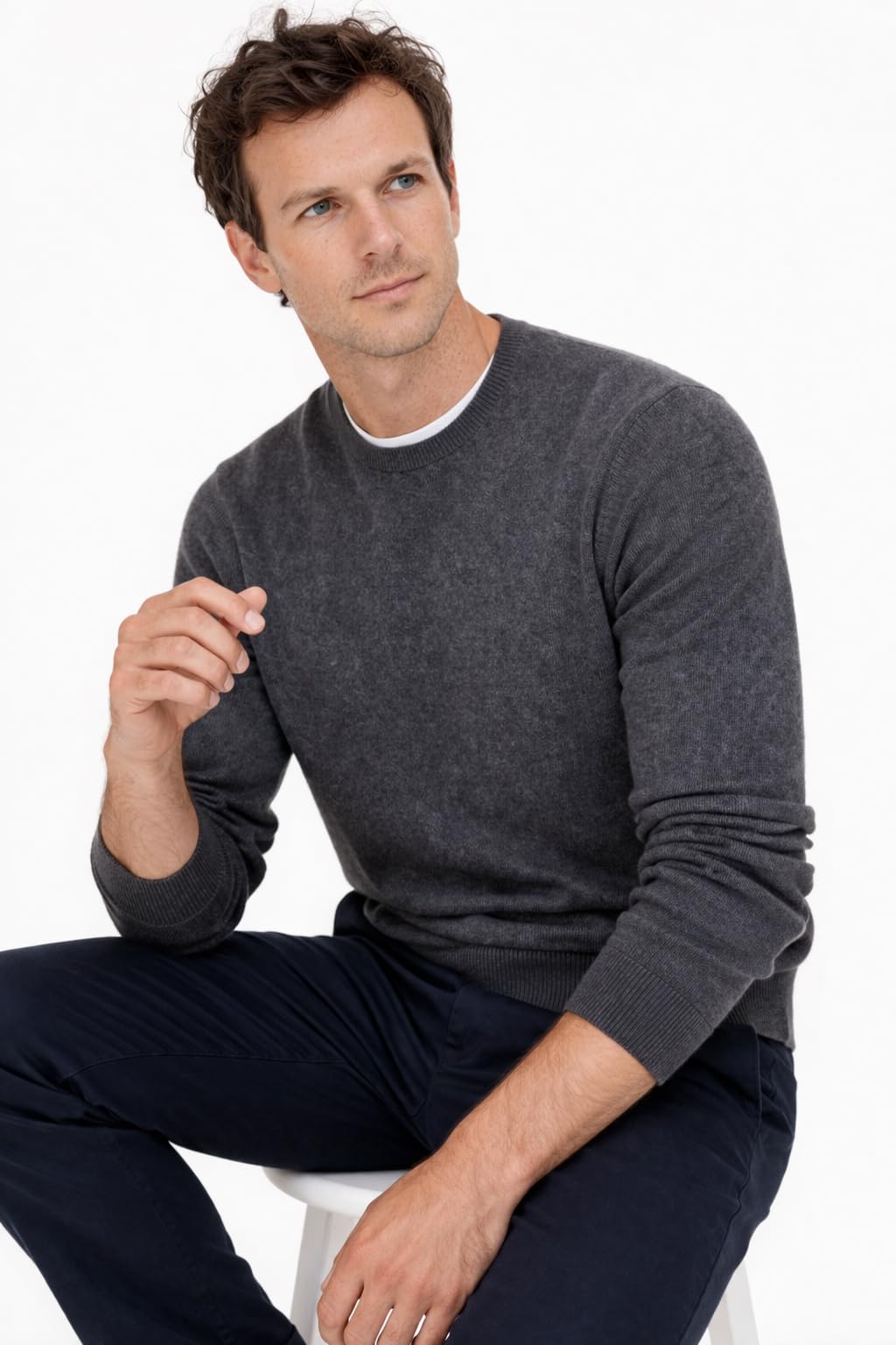 State Cashmere Men's Essential Crewneck Sweater 100% Pure Cashmere Classic Long Sleeve Pullover (City Smoke, Large)