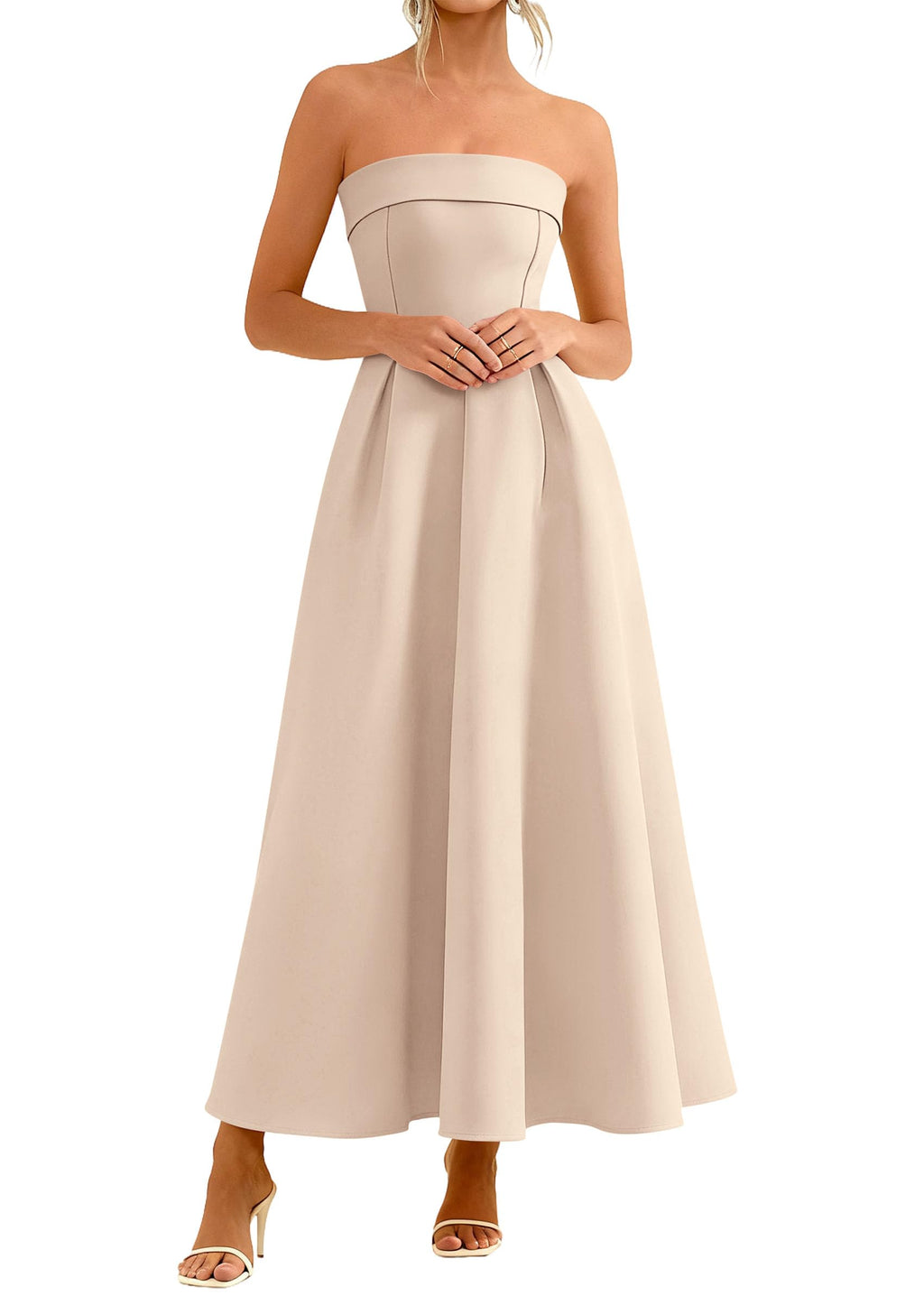 PRETTYGARDEN Cocktail Dresses for Women 2026 Summer Formal Elegant Tube Top Strapless Spring Wedding Guest Party Midi Dress(Beige,Small)