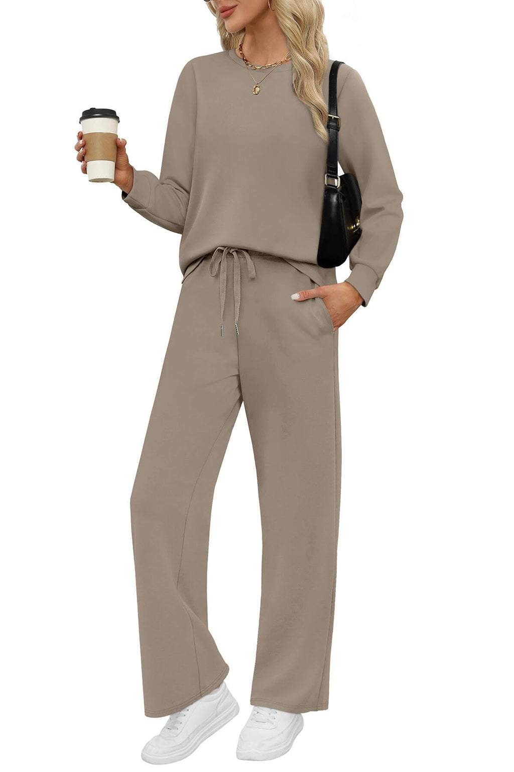 WIHOLL 2 Piece Sets for Women Fall Fashion 2026 Travel Vacation Airport Outfits for Airplane Going Out Comfy Matching Women's Clothing Petite Chocolate Brown Must Haves Track Suits Light Coffee L