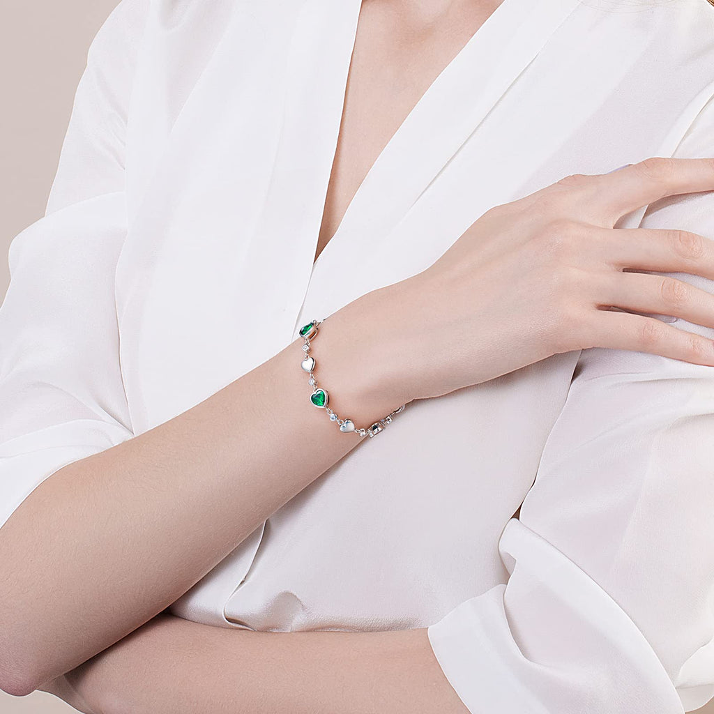 Carleen May Birthstone Bracelet Sterling Silver Emerald Bracelet for Women Heart Station Tennis Bracelet Jewelry Gifts Valentines Day Gifts for Women