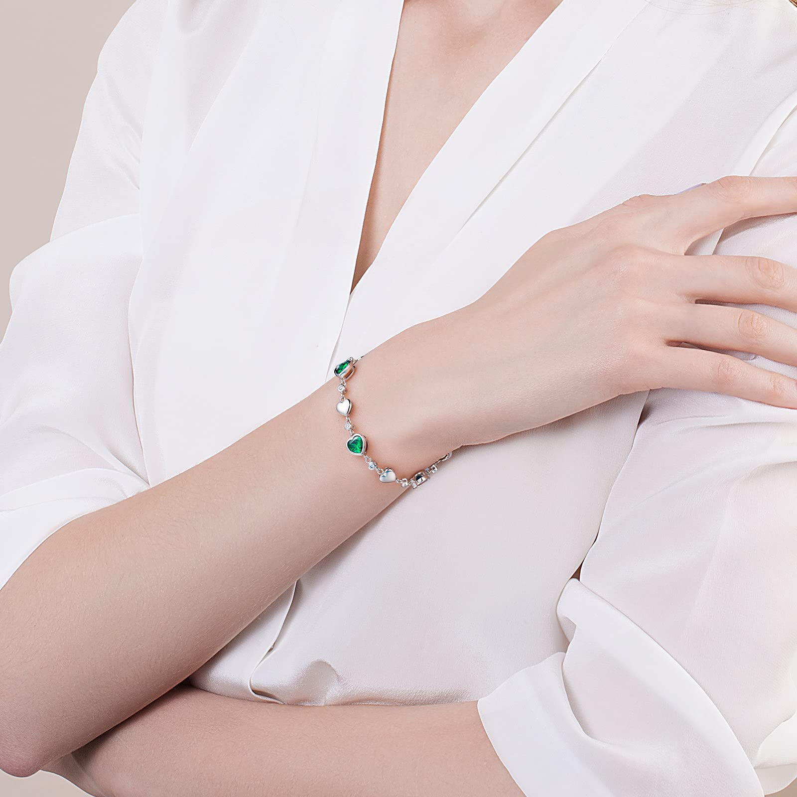 Carleen May Birthstone Bracelet Sterling Silver Emerald Bracelet for Women Heart Station Tennis Bracelet Jewelry Gifts Valentines Day Gifts for Women
