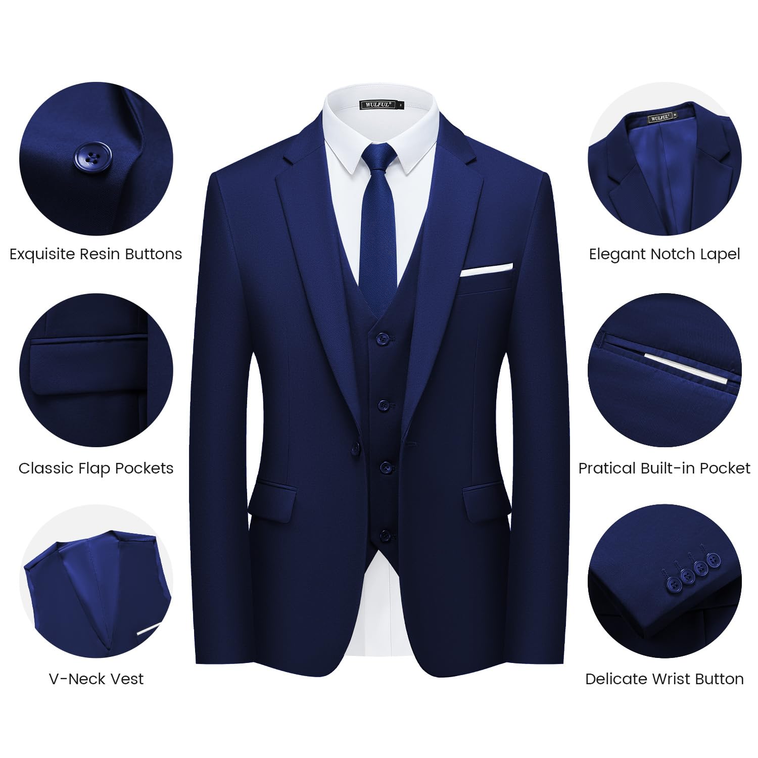 WULFUL Men’s Slim Fit Suit One Button 3-Piece Blazer Dress Business Wedding Party Jacket Vest & Pant Blue