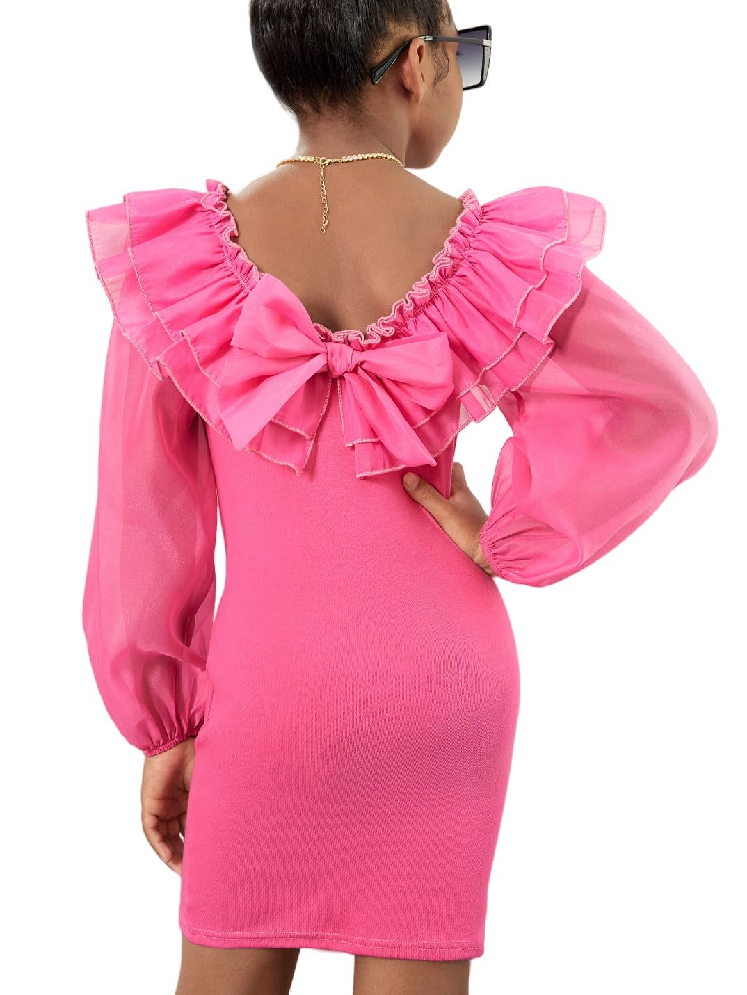 WDIRARA Girl's Mesh Ruffle Trim Layered Tie Back Lantern Sleeve Pencil Mini Dress Hot Pink 8Y