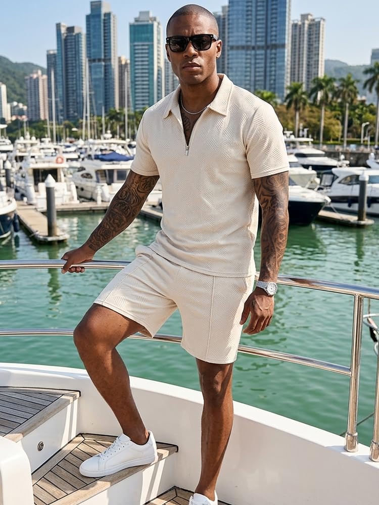 Kgamfar Mens Summer Track Suits 2 Piece Shorts Sets Short Sleeve Sweatsuit casual Outfits Polo Shirts workout,BEIGE,M