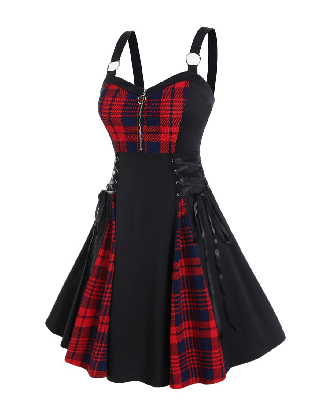 ROSE GAL Gothic Lace Up Plaid Half Zipper Fit and Flare Gothic Dress（Black-219/2X）