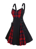 ROSE GAL Gothic Lace Up Plaid Half Zipper Fit and Flare Gothic Dress（Black-219/2X）