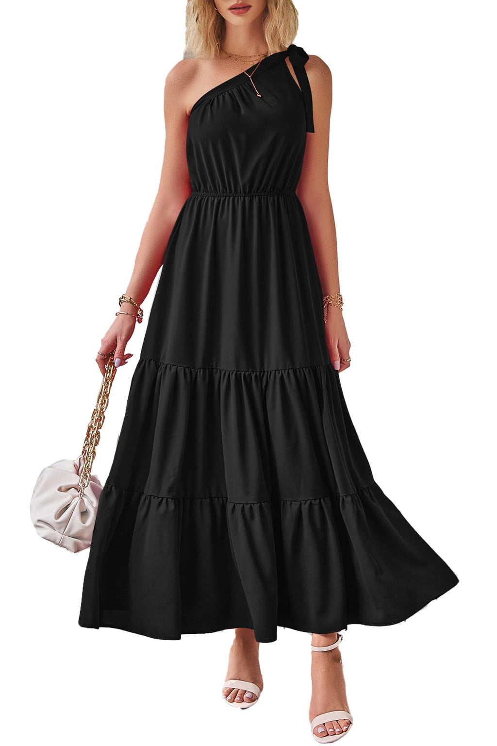 PRETTYGARDEN Women's Summer Floral Maxi Dress Knot One Shoulder Sleeveless Ruffle Flowy Boho Beach Wedding Guest Dresses (Solid Black,XX-Large)