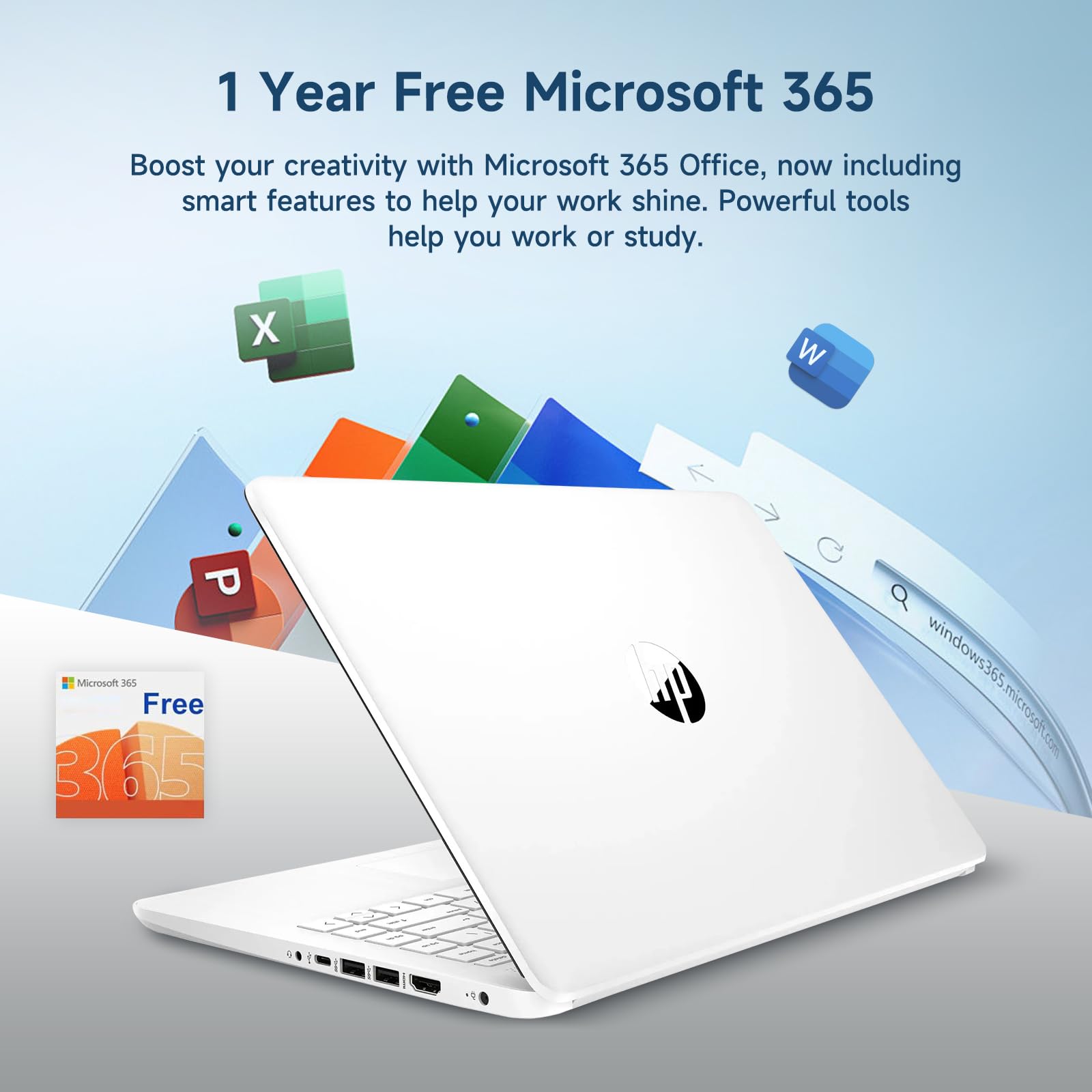 HP 14" Ultral Light Laptop for Students and Business, Intel Quad-Core, 8GB RAM, 192GB Storage(64GB eMMC+128GB Ghost Manta SD Card), 1 Year Office 365, USB C, Win 11 S