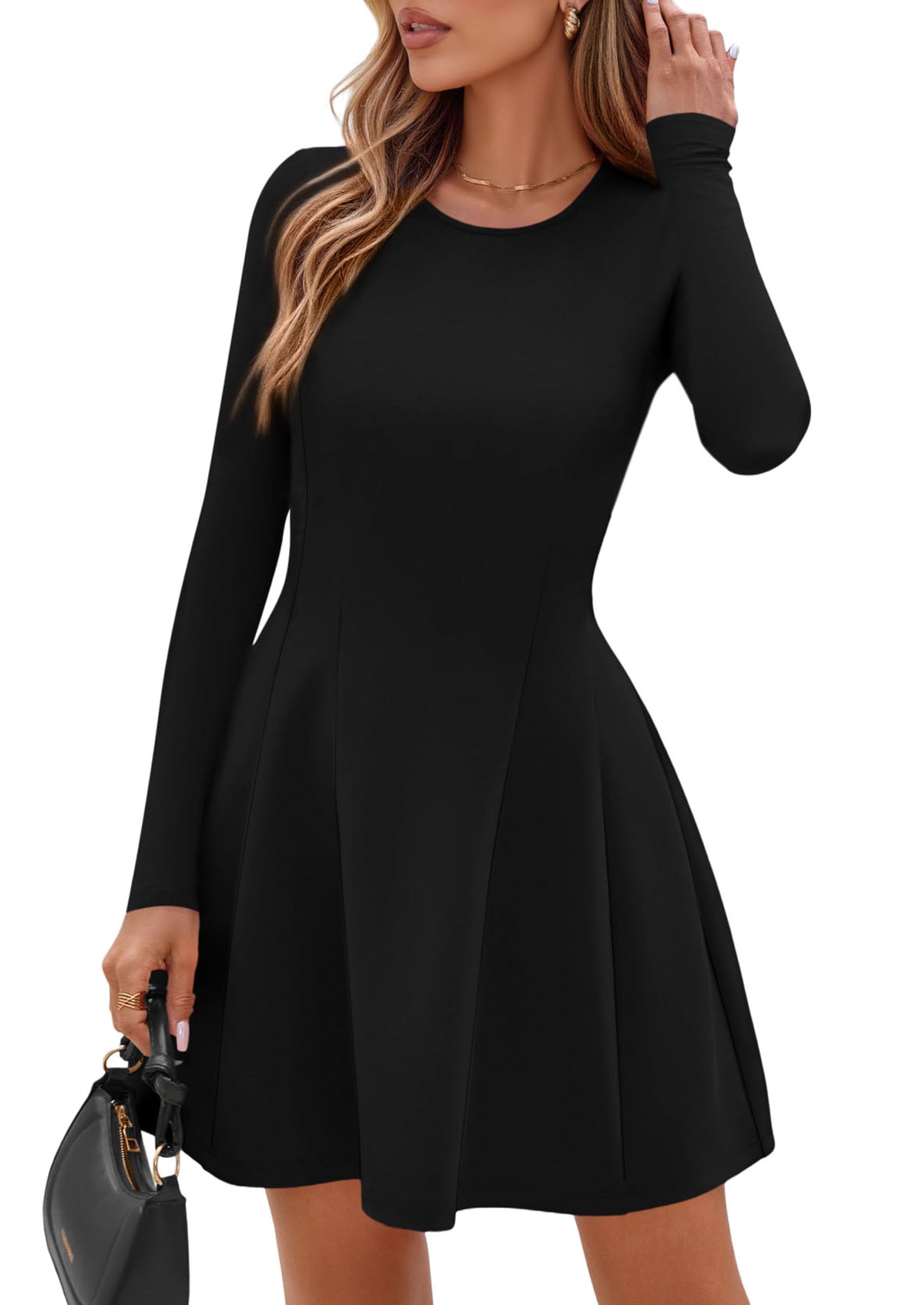 PRETTYGARDEN Long Sleeve Mini Dress for Women 2026 Spring Crewneck Knit Pleated Babydoll A Line Casual Short Party Dresses (Black,Large)