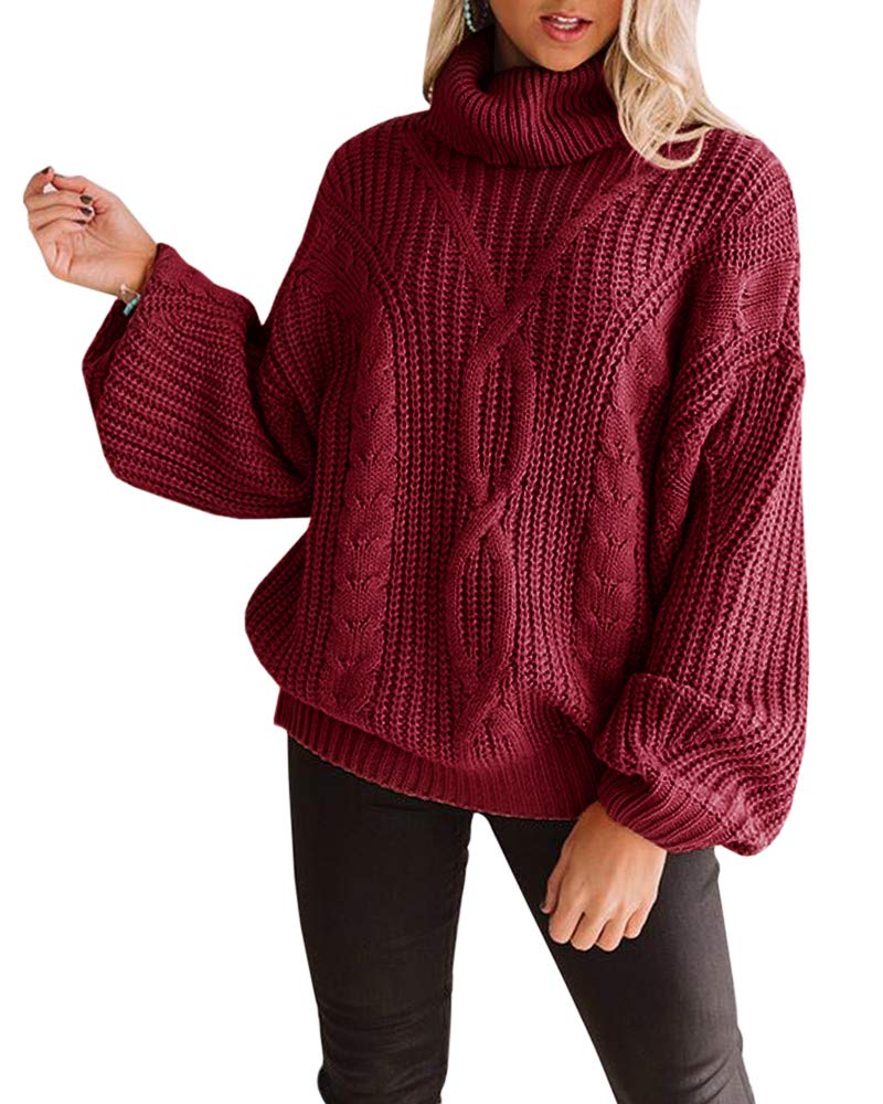 Womens Chunky Turtleneck Sweaters Plus Size Long Sleeve Cable Knit Casual Loose Jumper Tops Burgundy