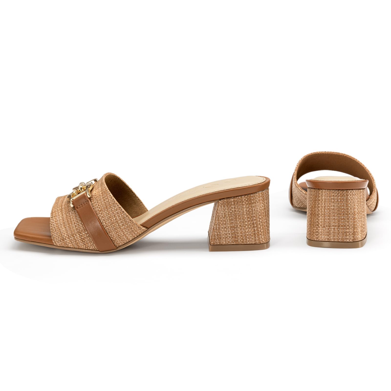 Athlefit Mules Chunky Heels for Women Brown Raffia Slip On Heeled Sandals Square Open Toe 2 Inch Low Block Heels for Summer Dressy